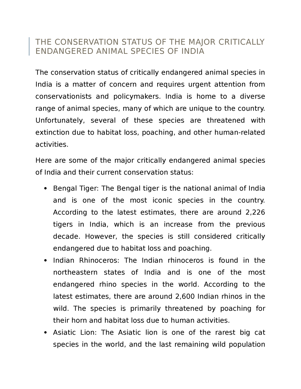 endangered species in india essay