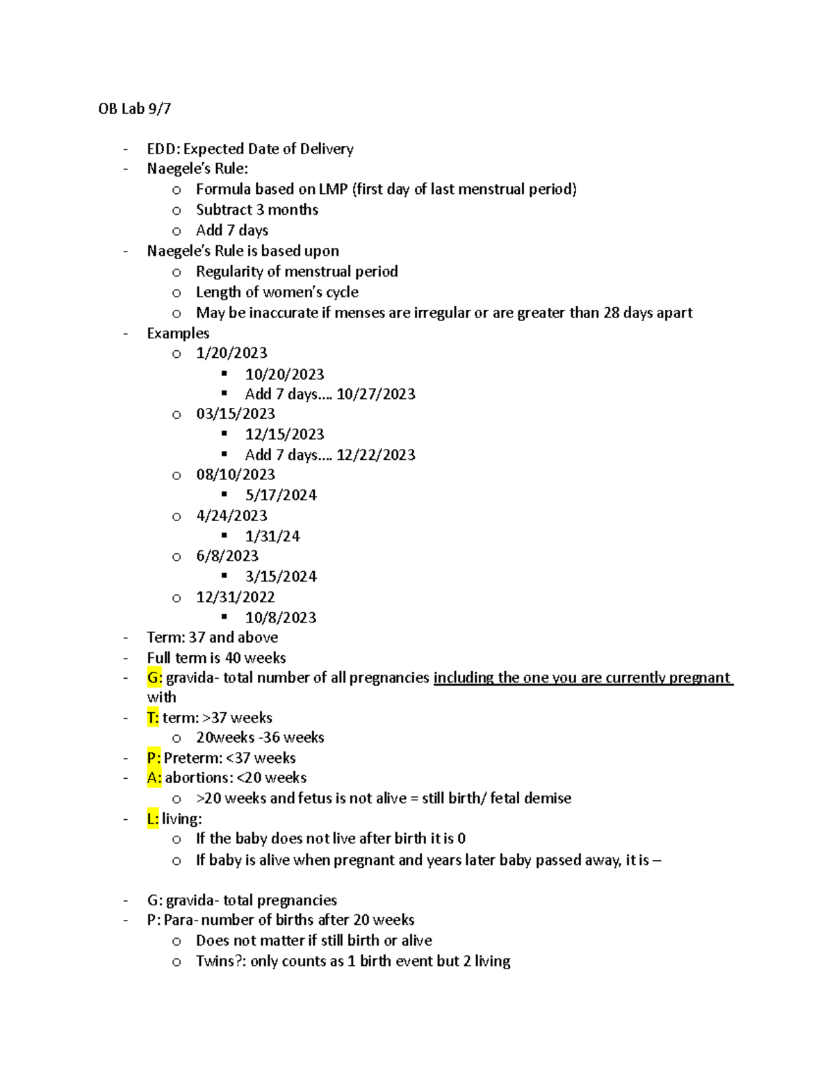 OB Lab 9:7 - N/A - OB Lab 9/ EDD: Expected Date of Delivery Naegele’s ...