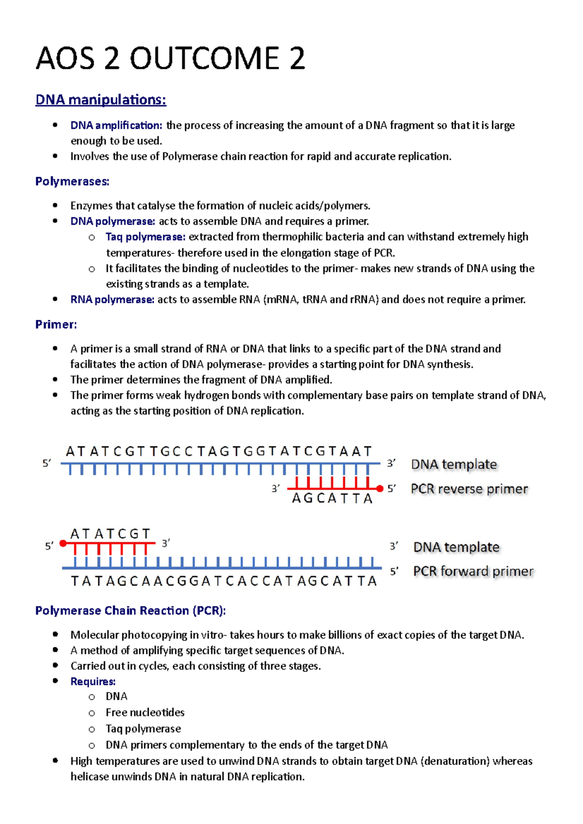 UNIT 4 AOS 2 - year 12 bio notes - AOS 2 OUTCOME 2 DNA manipulations ...