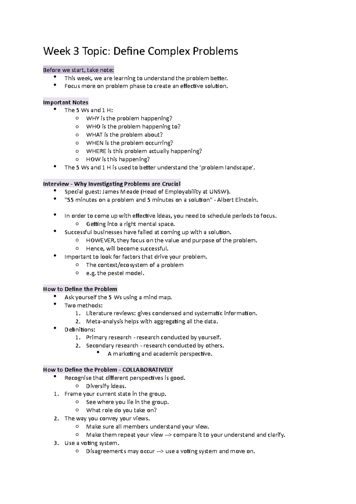 COMM1120 W3 L1 - Notes - Week 3 Topic: Define Complex Problems Before ...