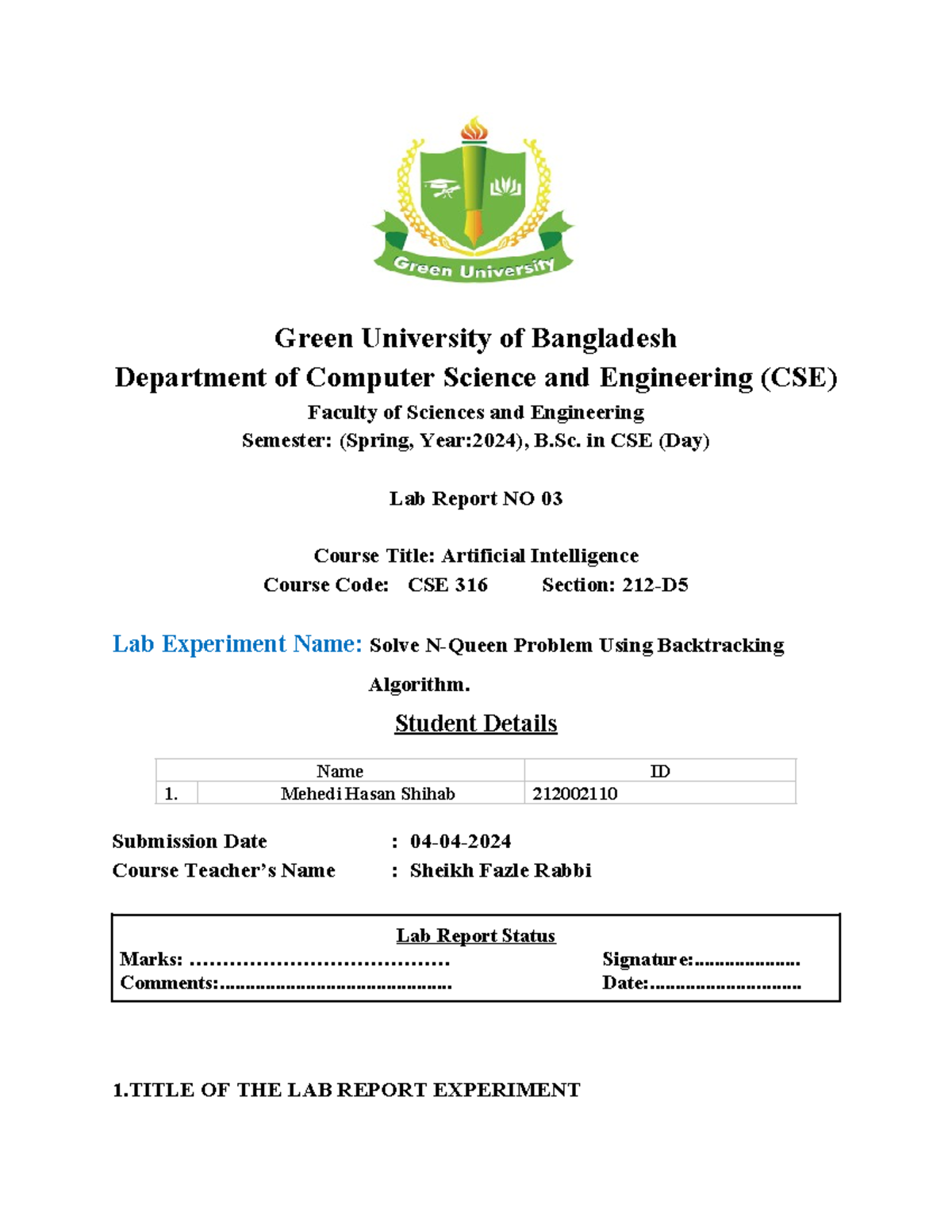 AI CSE-316 Lab Report 1 - Green University of Bangladesh Department of ...