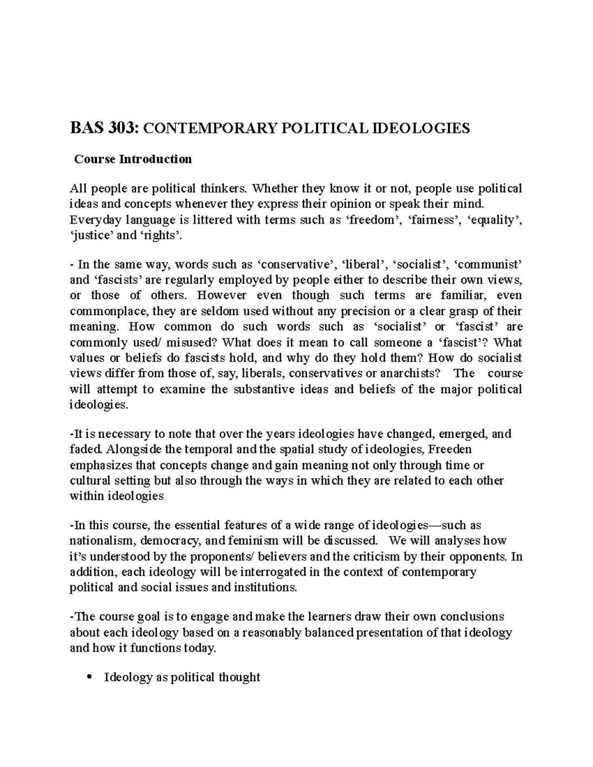 BAS 303 Political Ideologies Notes 2021 BAS 303 CONTEMPORARY 