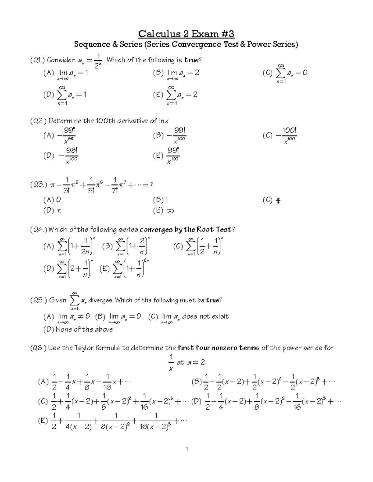 Calc 2 Exam#3 Sequence & Series - Calculus 2 Exam Sequence & Series ...