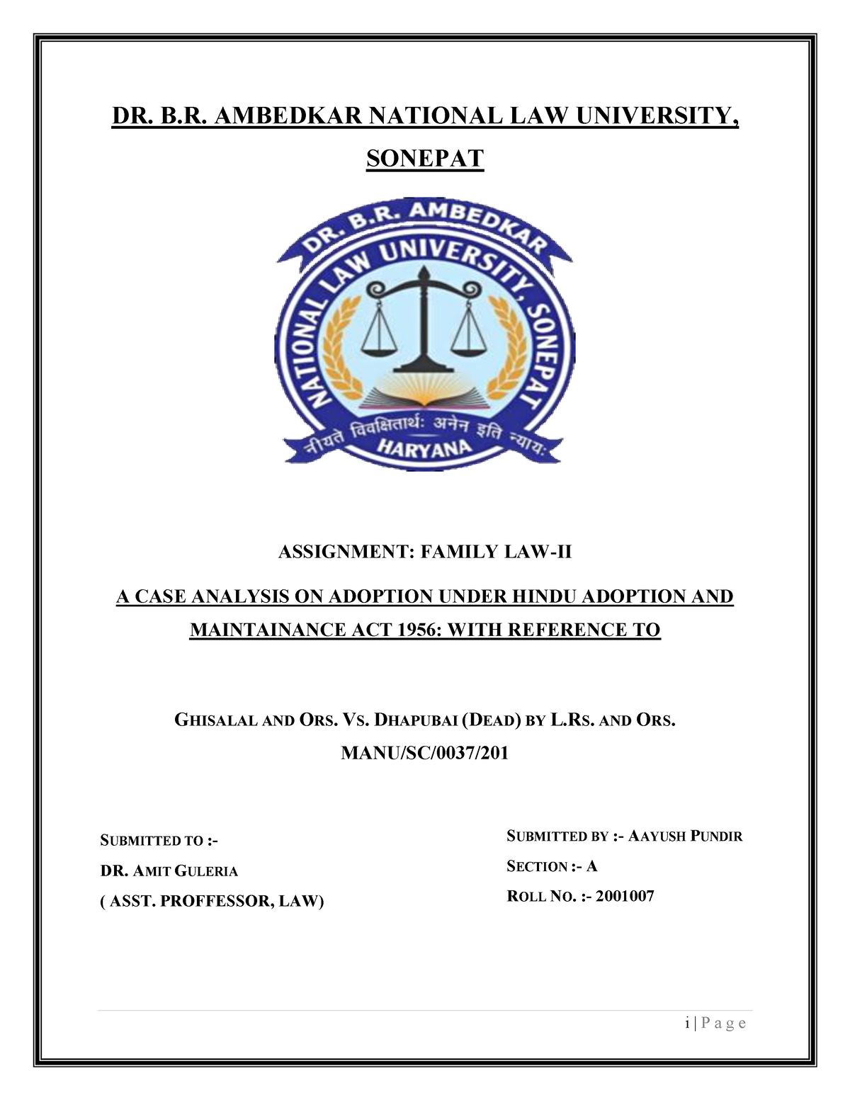 Family LAW-2 Assignment - I | P A G E DR. B. AMBEDKAR NATIONAL LAW ...