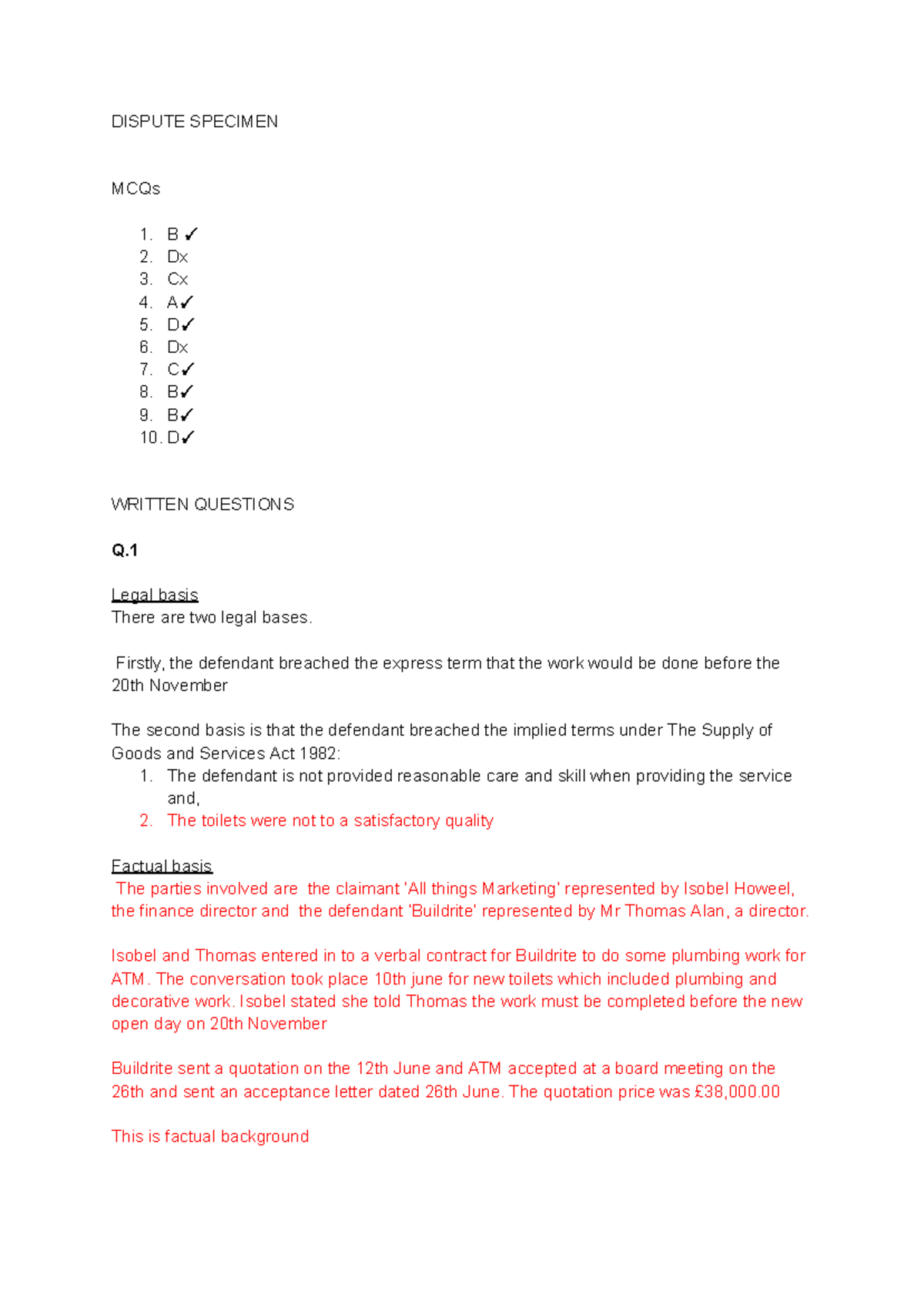 DR specimen exam answers - DISPUTE SPECIMEN MCQs 1. B 2. Dx 3. Cx 4. A ...