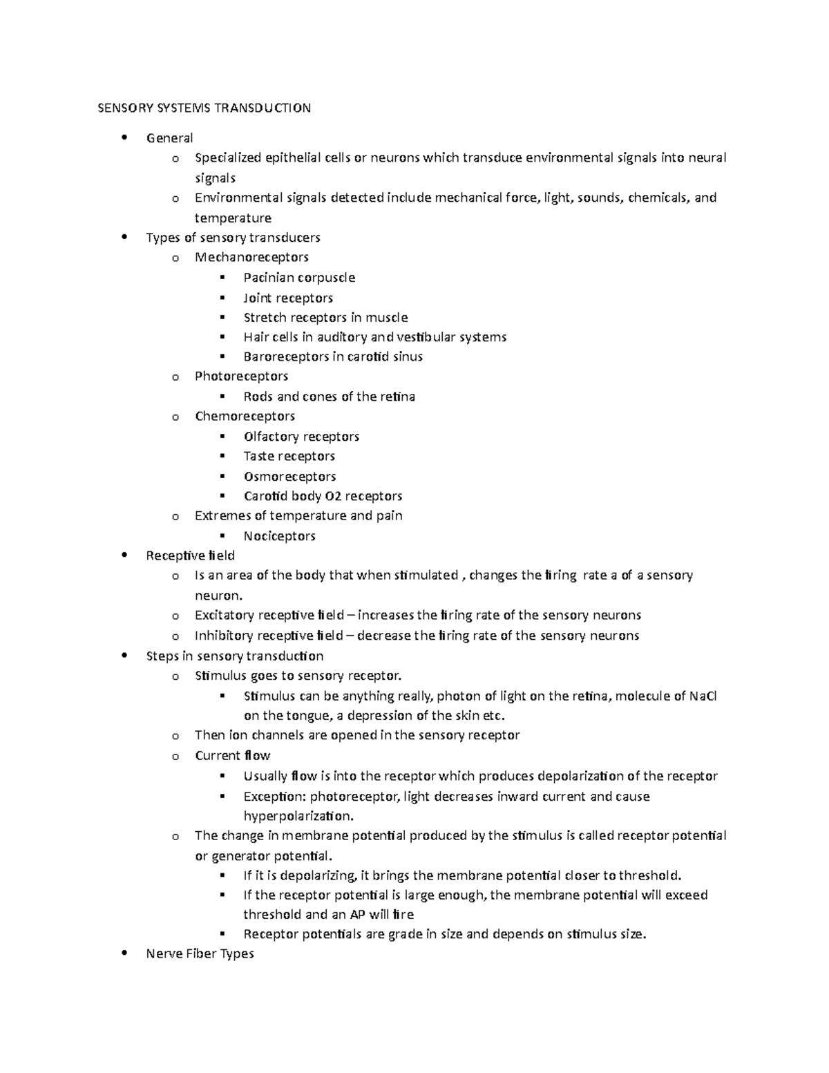 Sensory Systems Transduction SENSORY SYSTEMS TRANSDUCTION General o