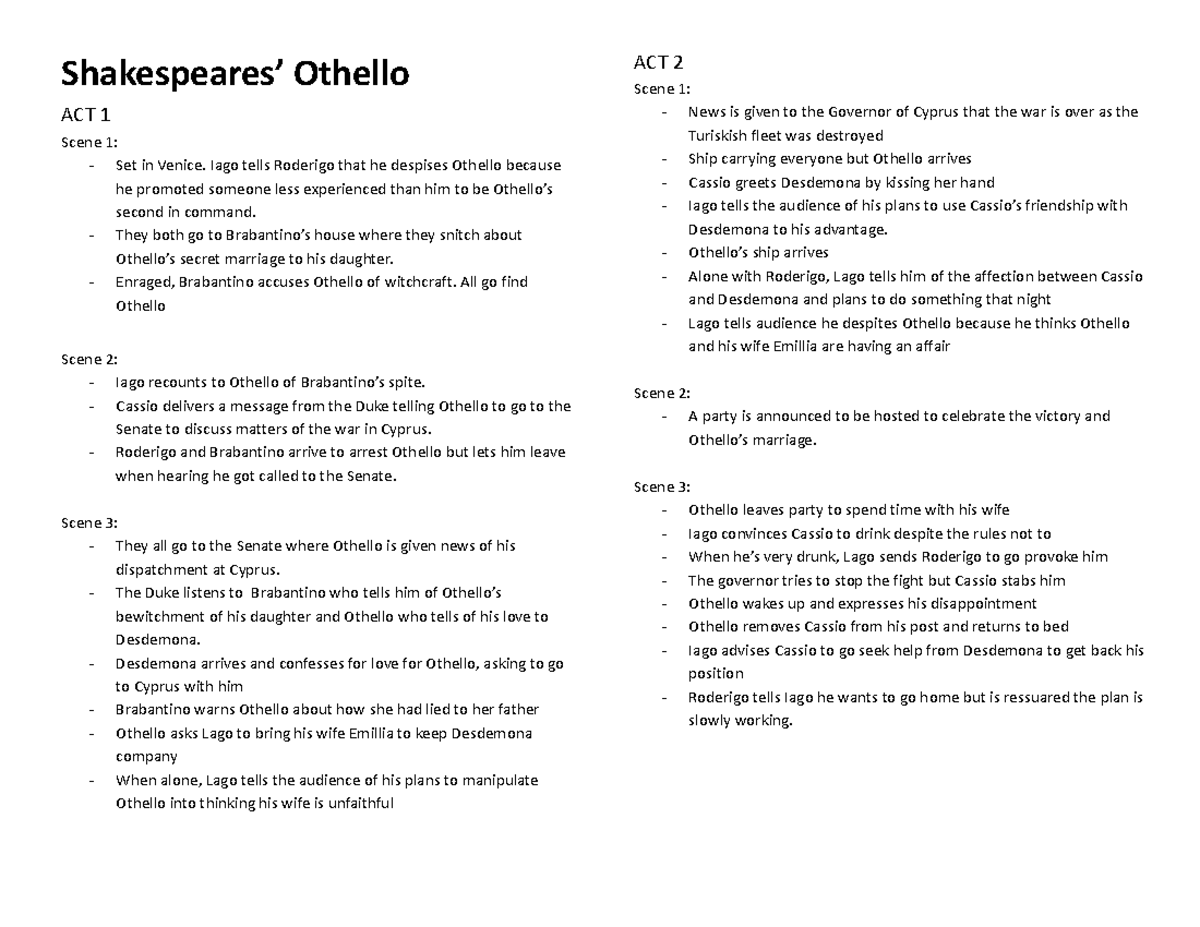 Othello Plot and Character Summary - Shakespeares’ Othello ACT 1 Scene ...