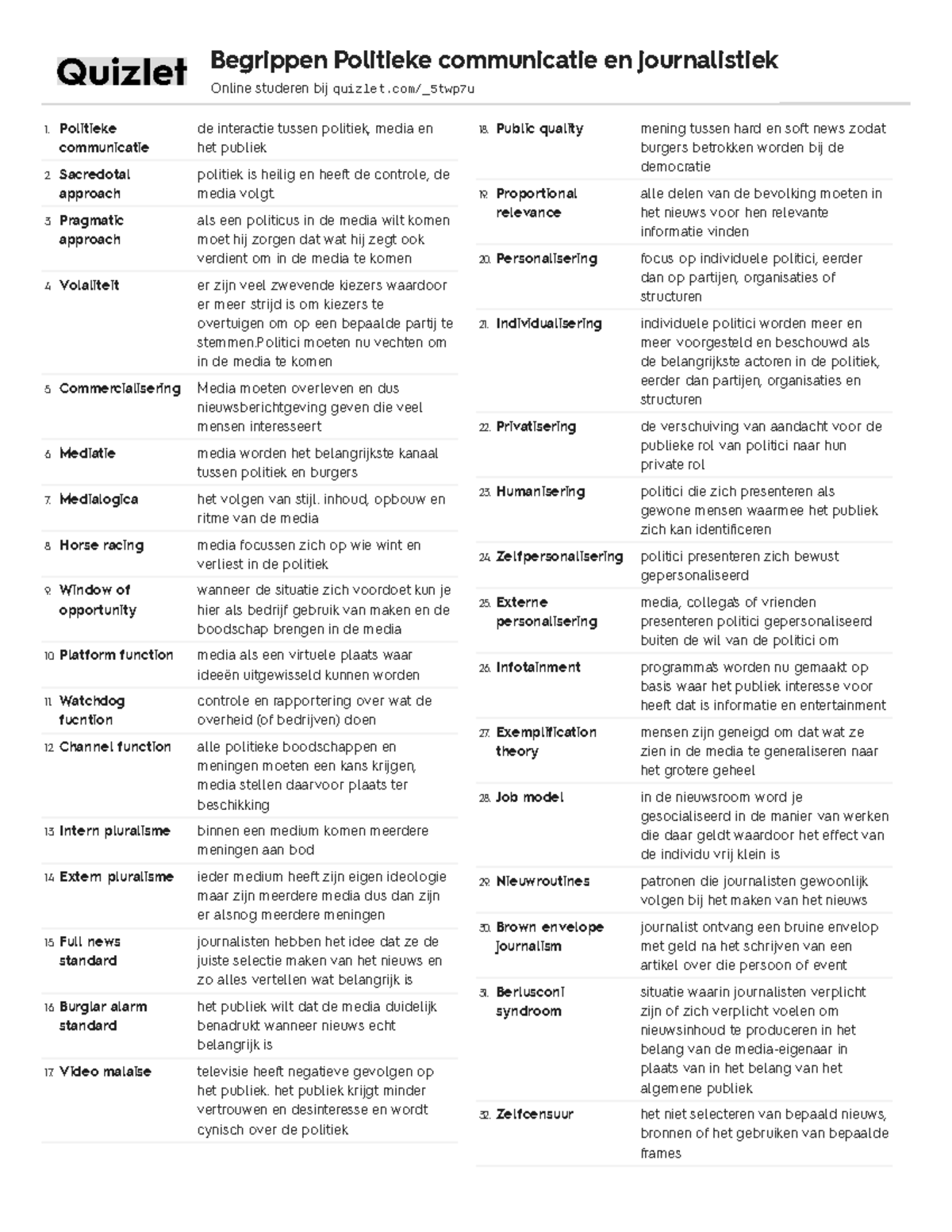 Quizlet Samenvatting Politieke Journalistiek Politieke Communicatie