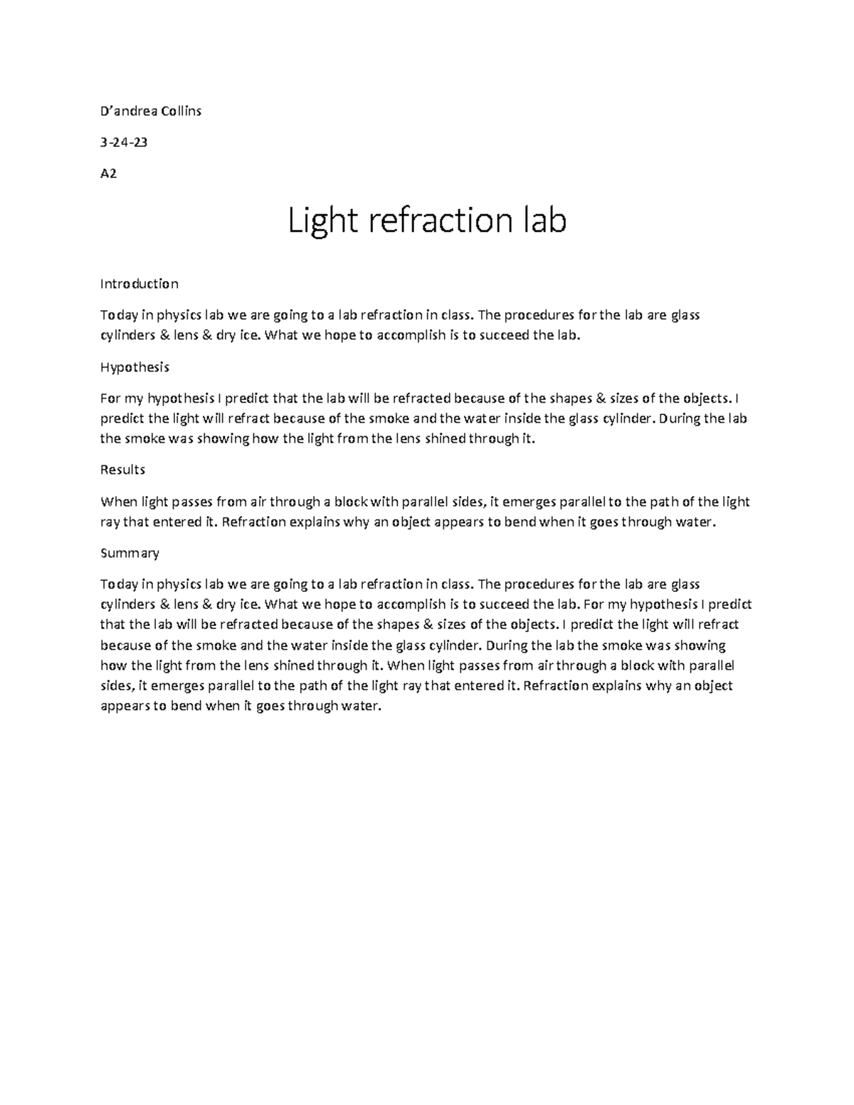 Light Refraction Lab hjbxsb D’andrea Collins 324 A Light