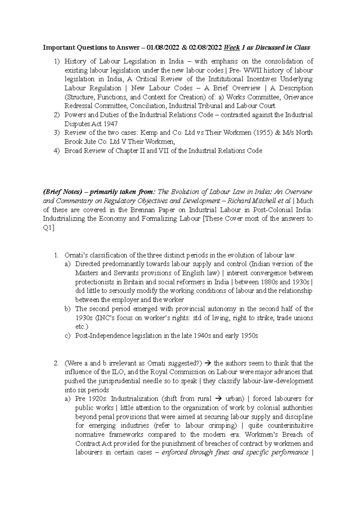 Week 1 Notes LABOUR LAW - Important Questions to Answer – 01/08/2022 ...