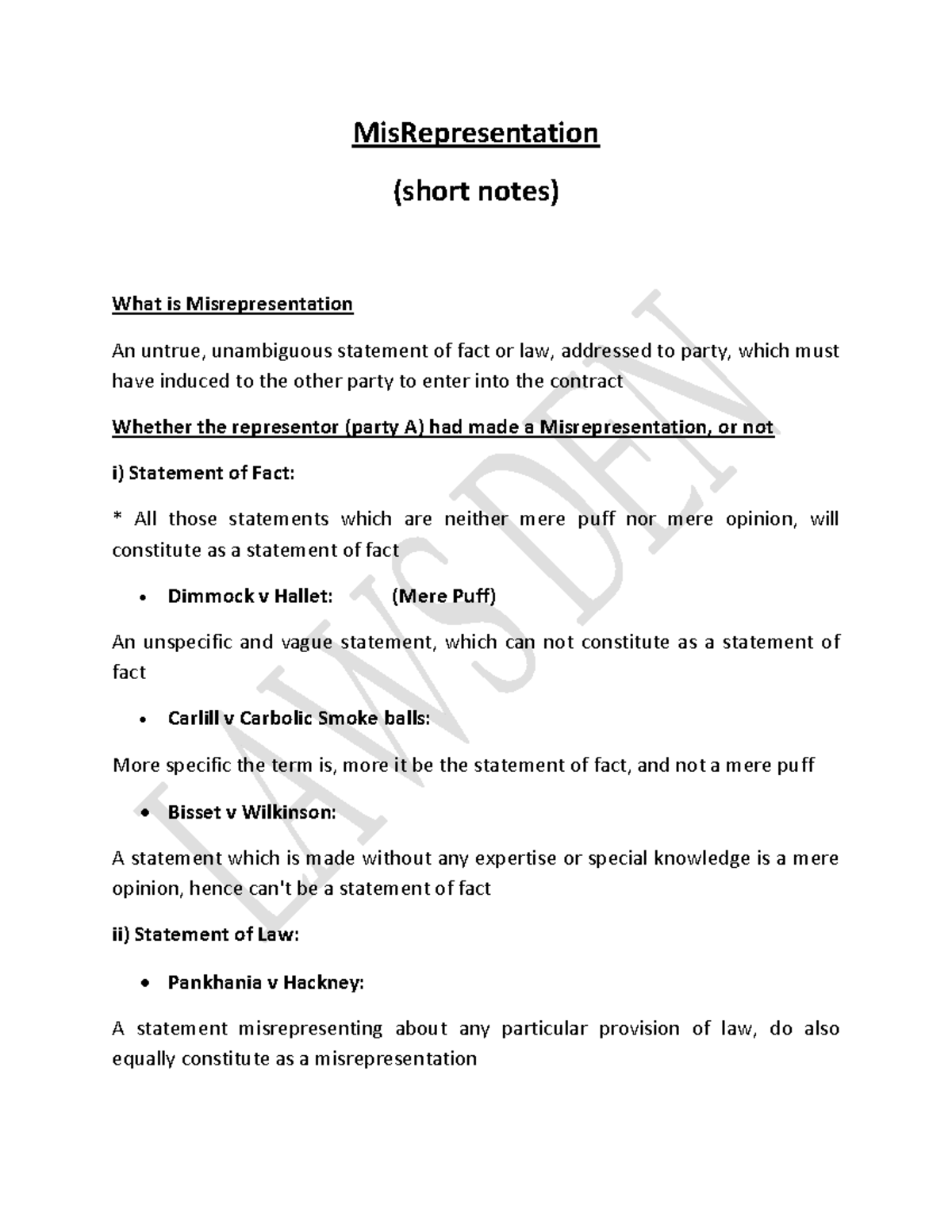 Mis Rep short notes-converted - MisRepresentation (short notes) What is ...