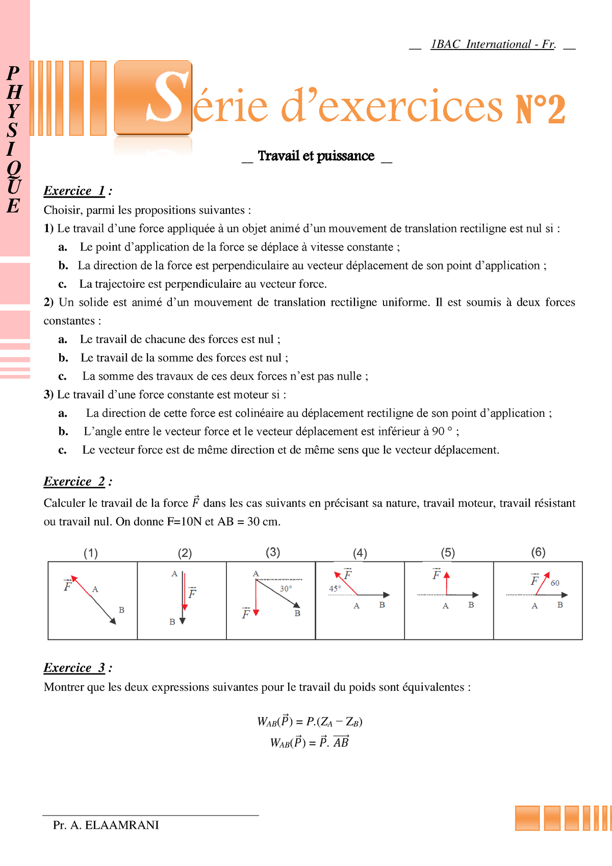 Travail Et Puissance D Une Force Exercices Non Corriges 2 érie Dexercices N° 2 Travail Et 7557