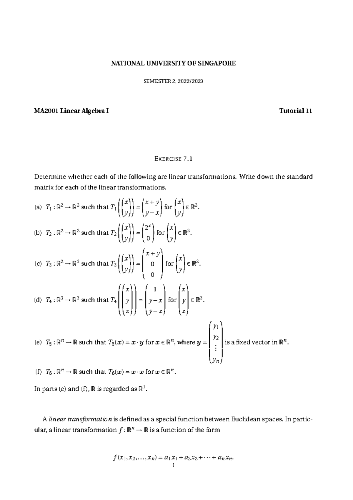 MA2001-T11 - Tutorial - NATIONAL UNIVERSITY OF SINGAPORE SEMESTER 2 ...