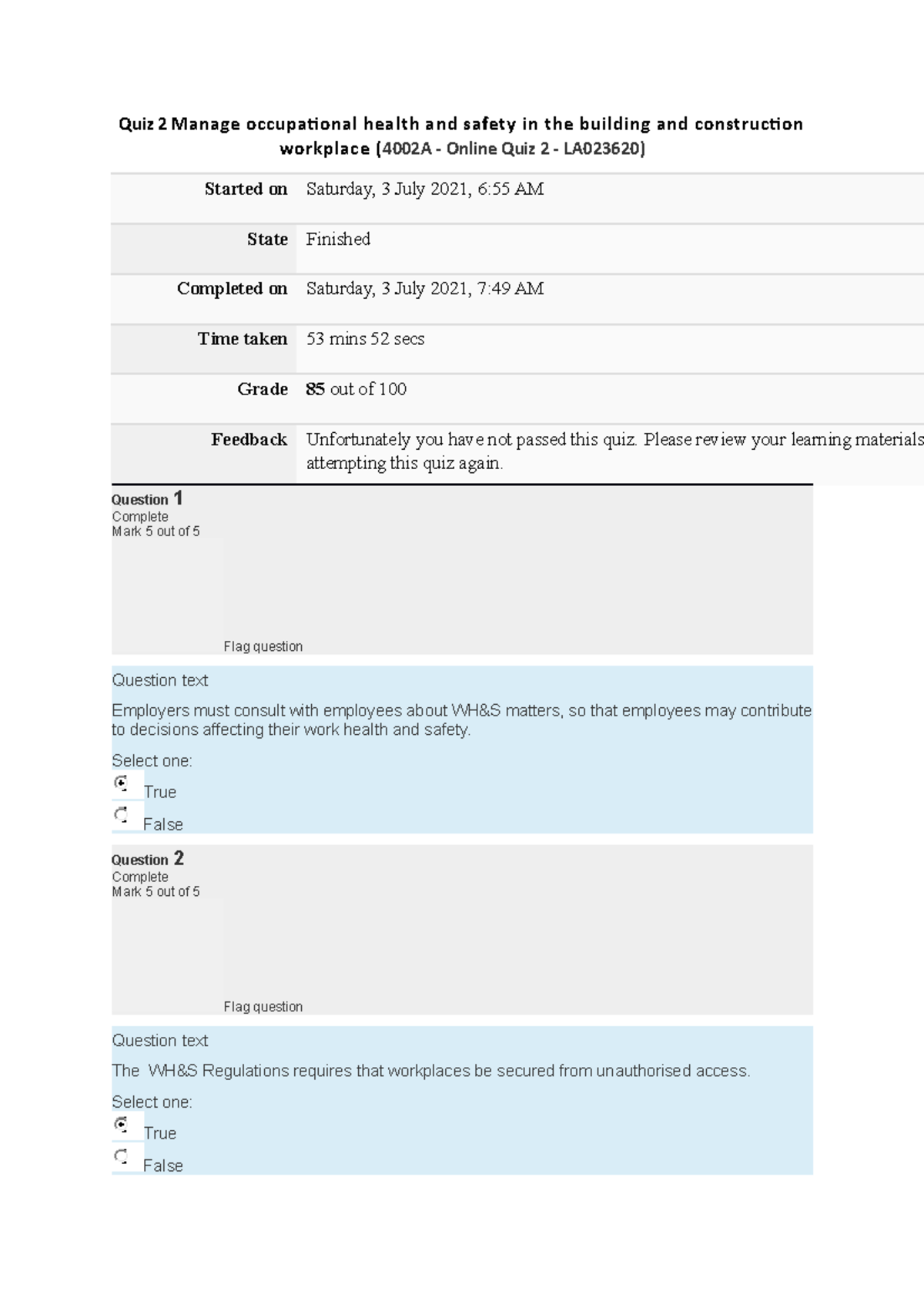 Quiz 2 Manage occupational health and safety in the building and