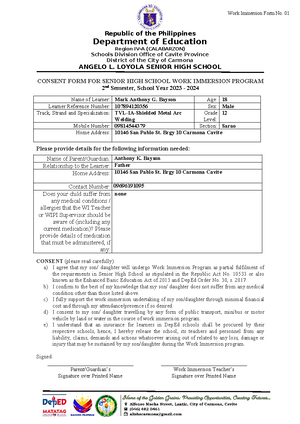 WI-FORM-5 - Work Immersion Form 5 - Work Immersion Form No. 05 Republic ...
