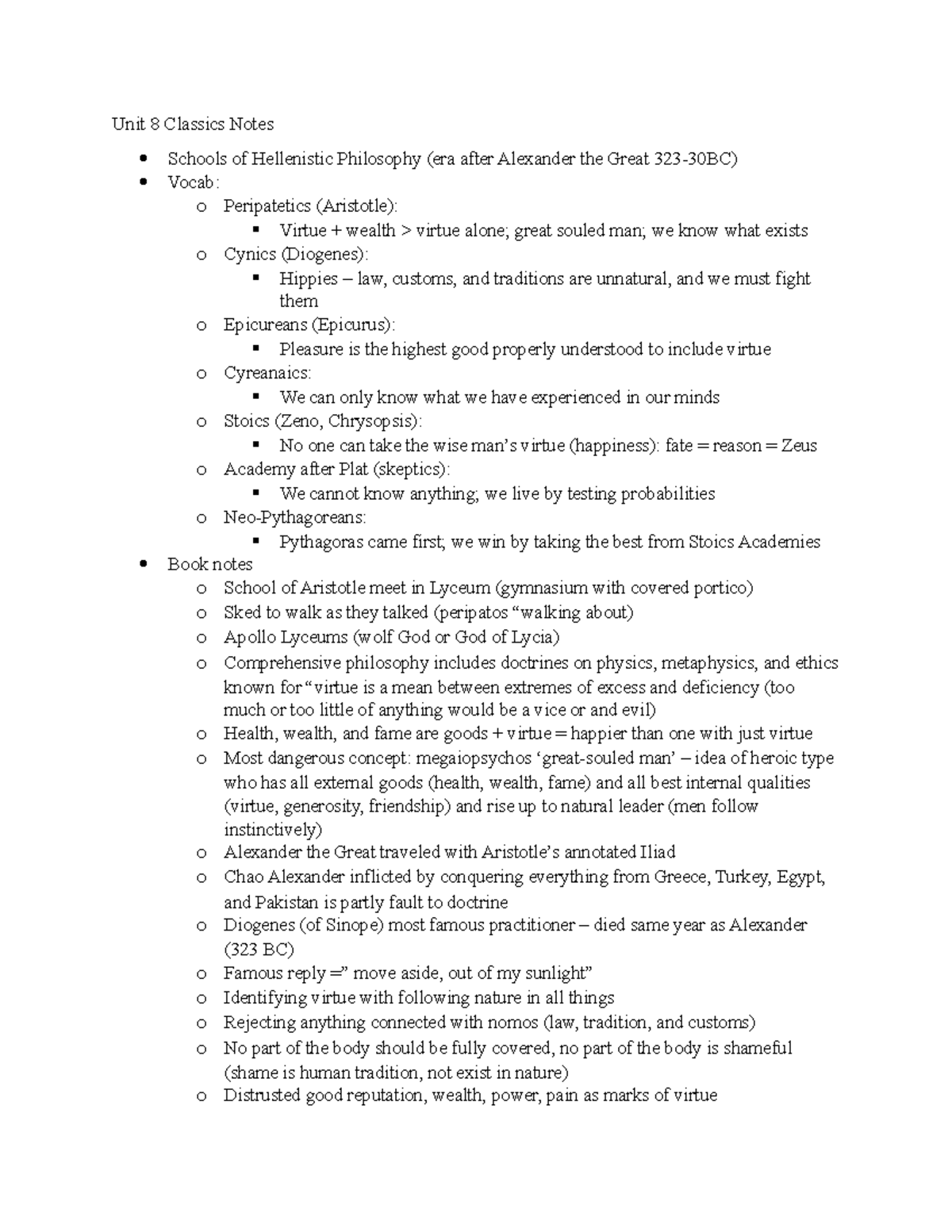 Unit 8 Classics Notes - Unit 8 Classics Notes Schools of Hellenistic ...