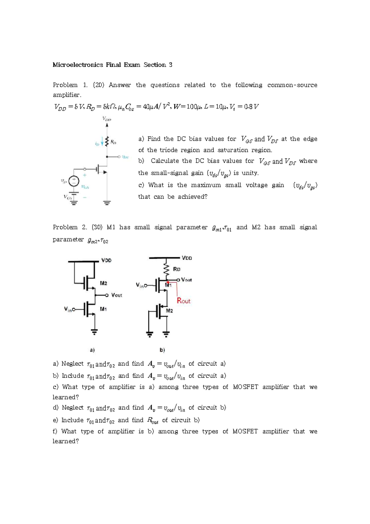 마이크로전자회로1(마전) 자료입니다. - Microelectronics Final Exam Section 3 Problem 1 ...