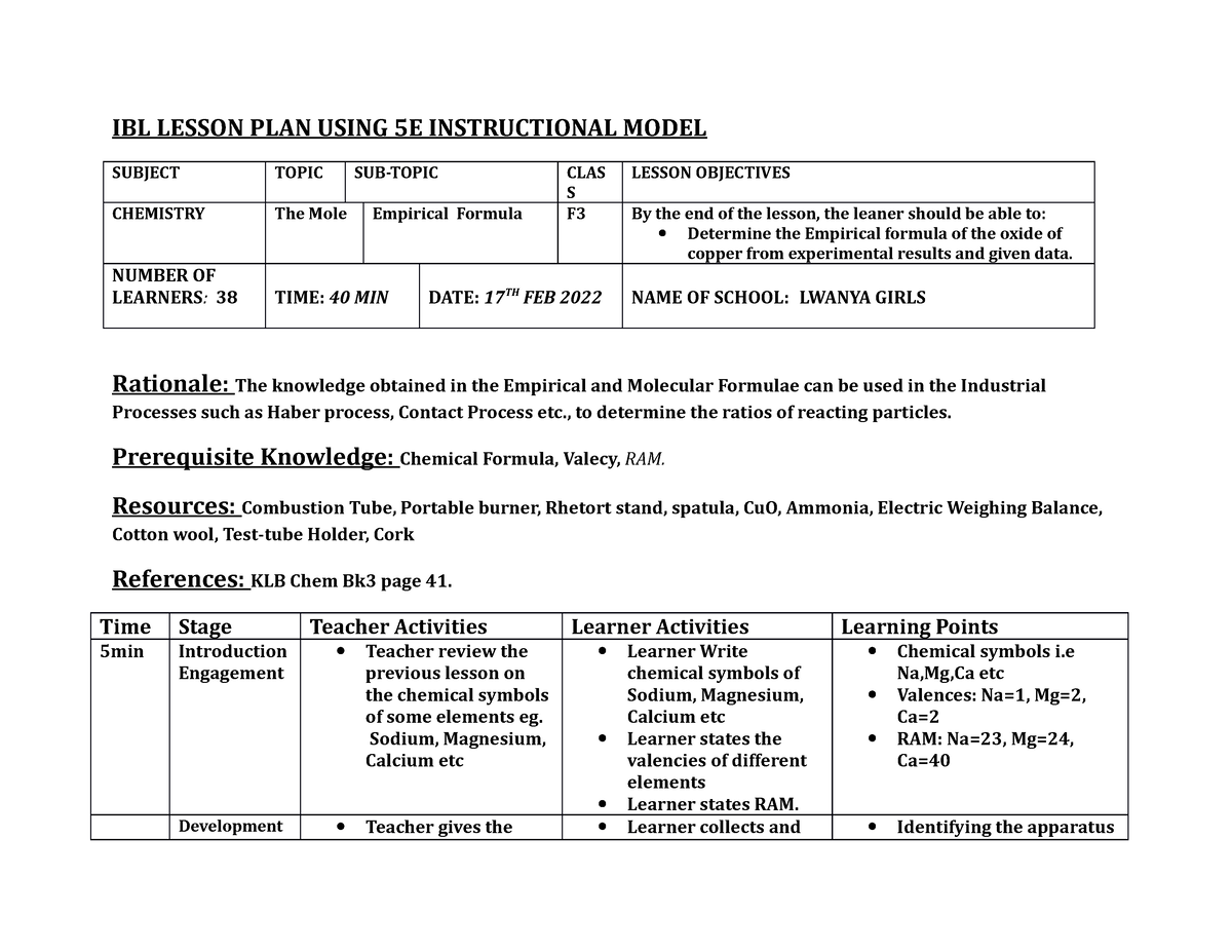 IBL Lesson PLAN Using 5E Instructional Model-1 - IBL LESSON PLAN USING ...