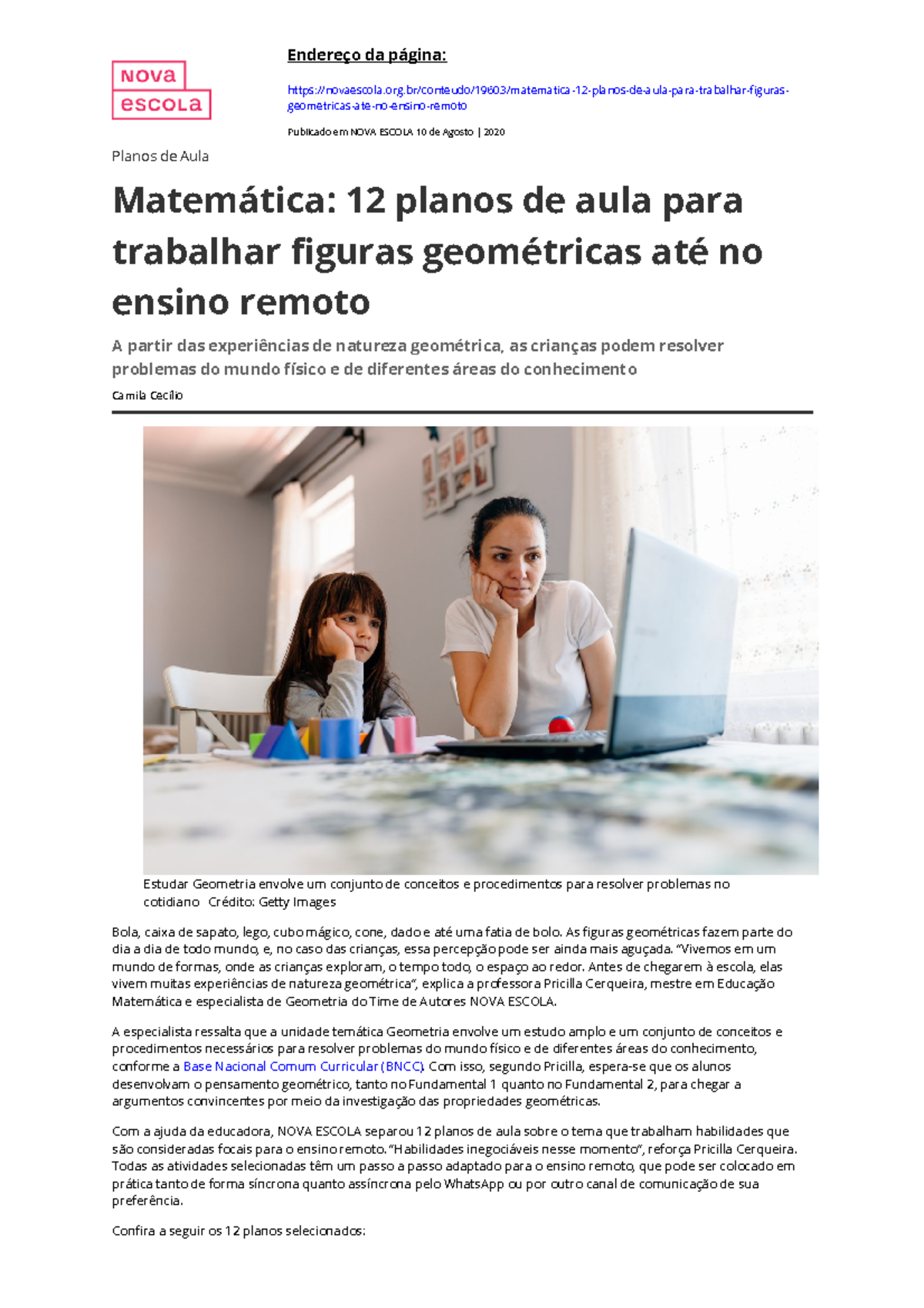 Planos de Aula Sobre Geometria