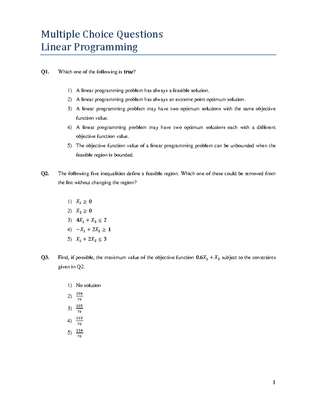 MPQ Linear Programming - Multiple Choice Questions Linear Programming ...