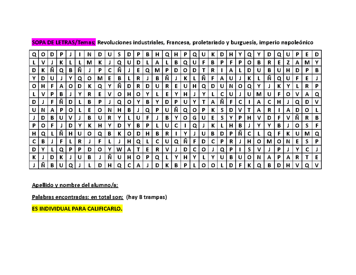 SP revoluciones industriales e imperio napoleonico - SOPA DE LETRAS