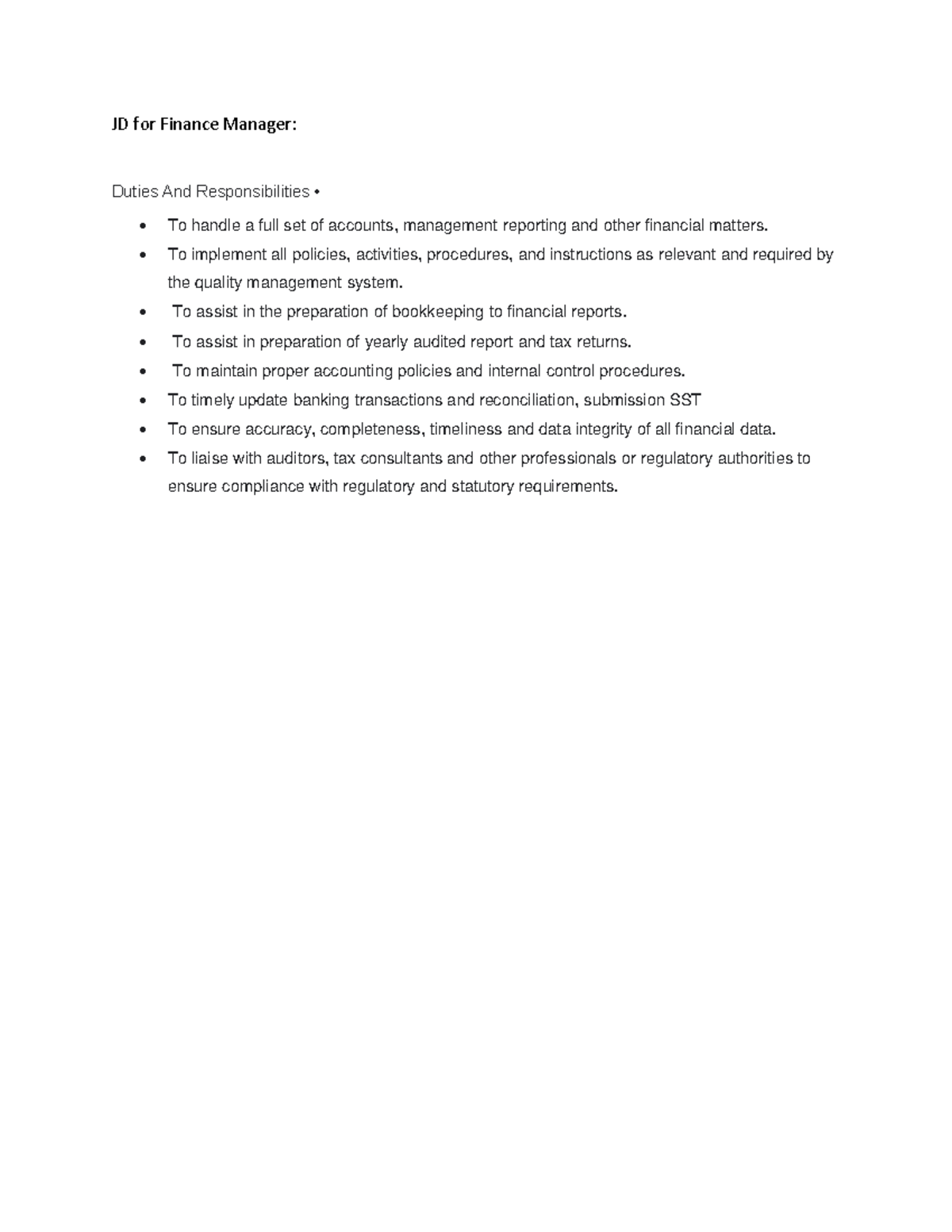 JD for Finance Manager none JD for Finance Manager Duties And