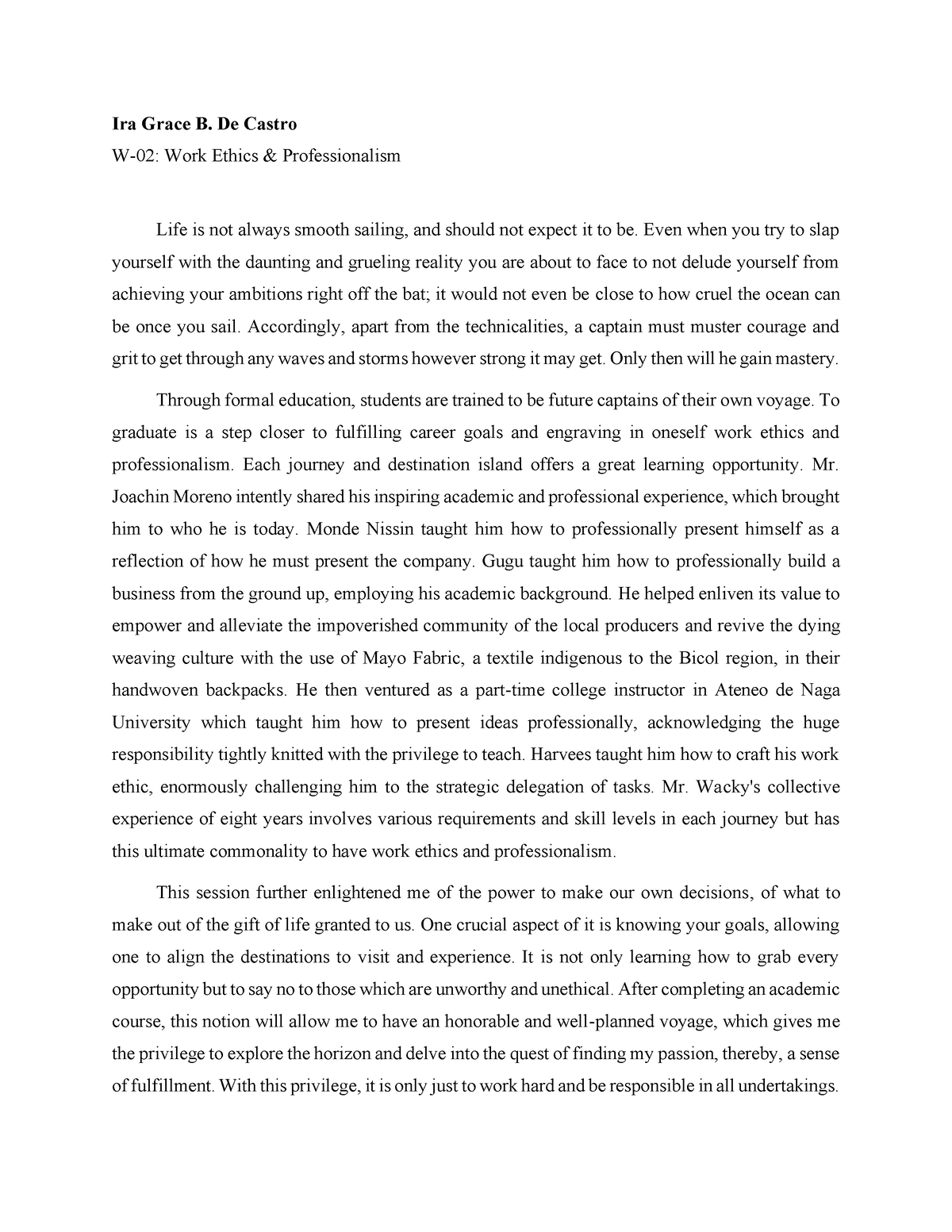 professionalism reflection essay