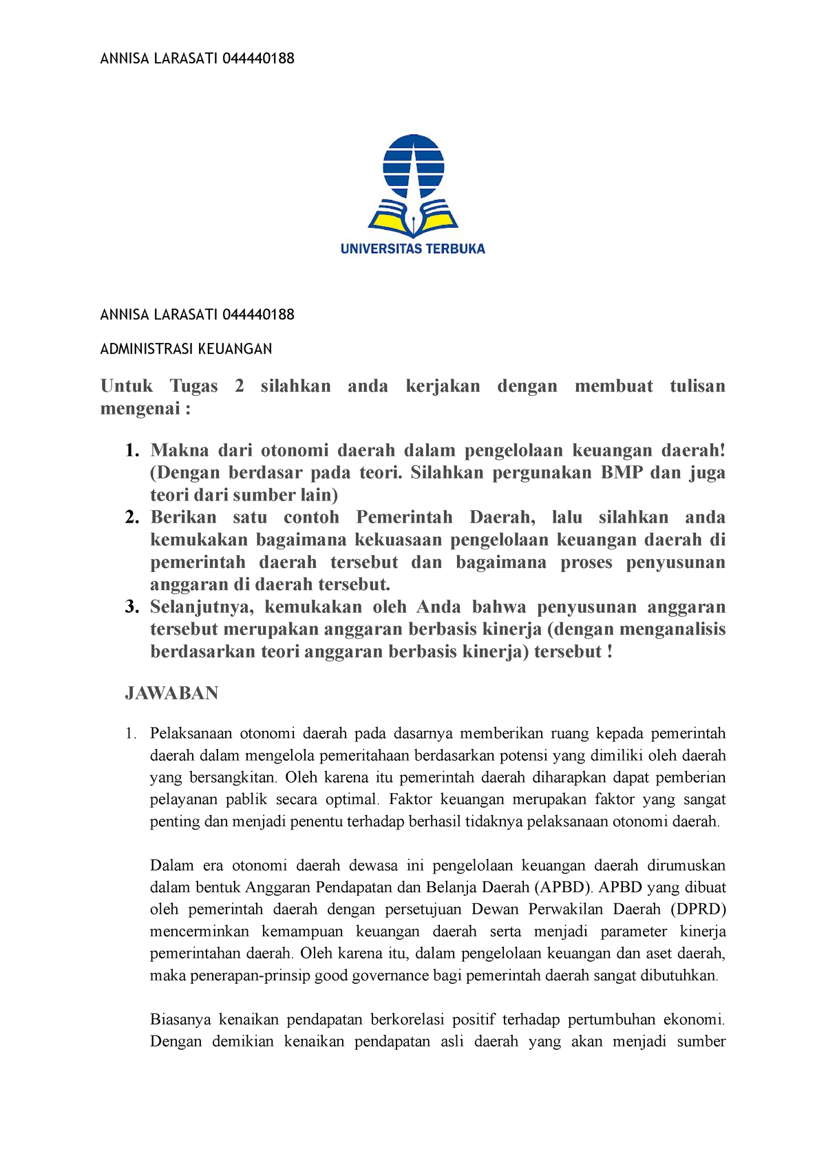 Tugas 2 Admin Keuangan Annisa L Annisa Larasati 044440188 Administrasi Keuangan Untuk Tugas 2 