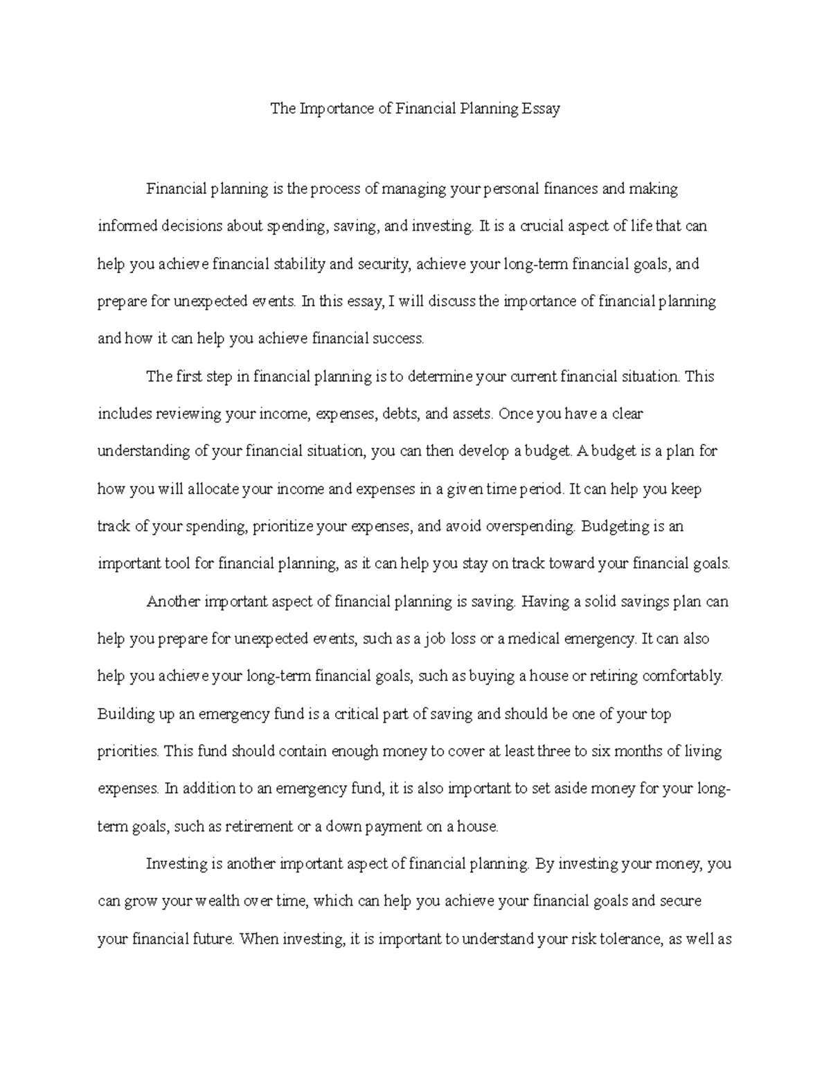 essay on importance of financial planning