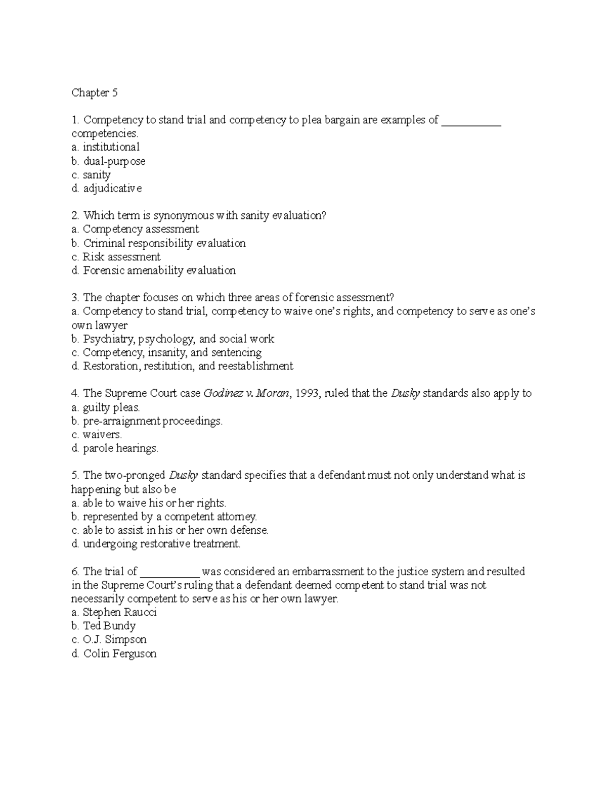 FP Exam #2 study Fall 20 - Chapter 5 Competency to stand trial and ...