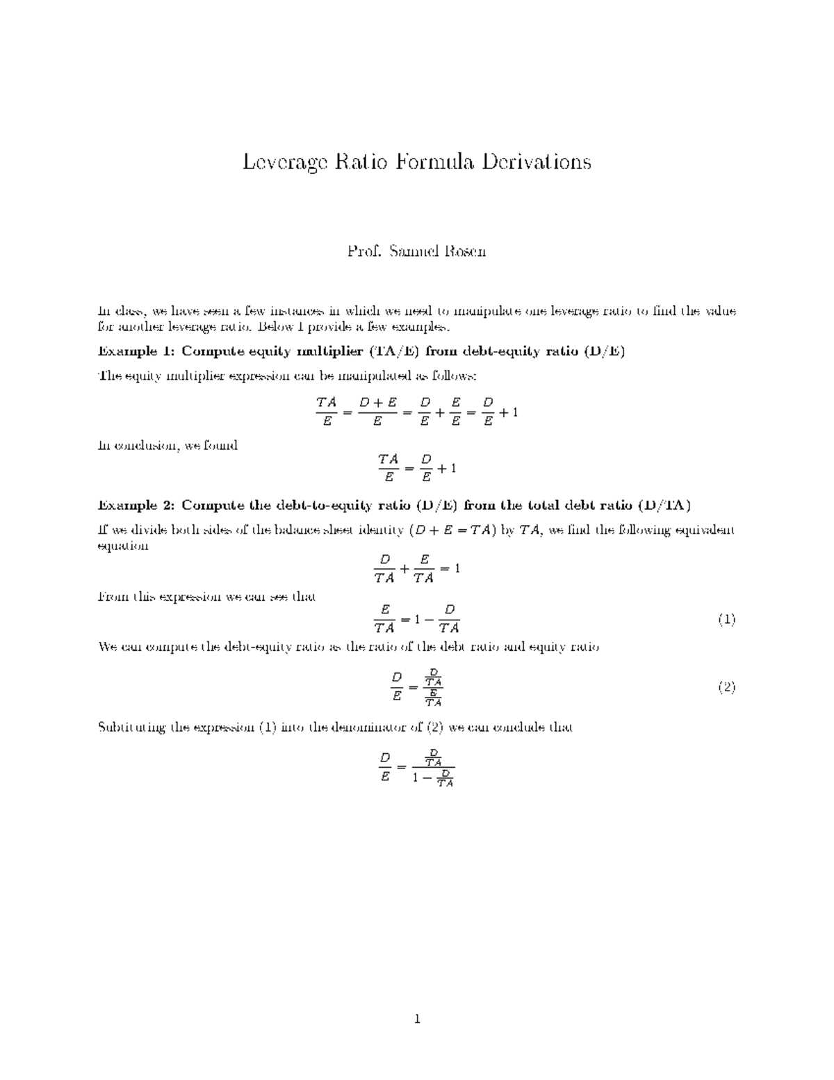 Cheat sheet for formulas - Leverage Ratio Formula Derivations Prof ...