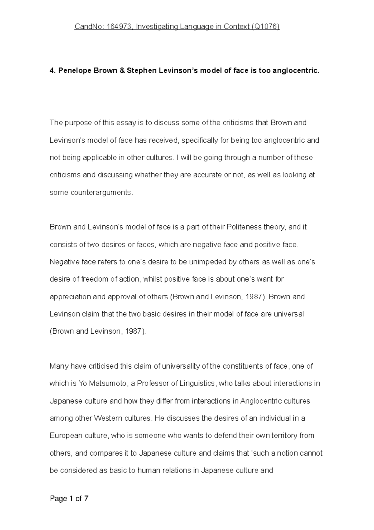 4. Penelope Brown & Stephen Levinson’s model of face is too