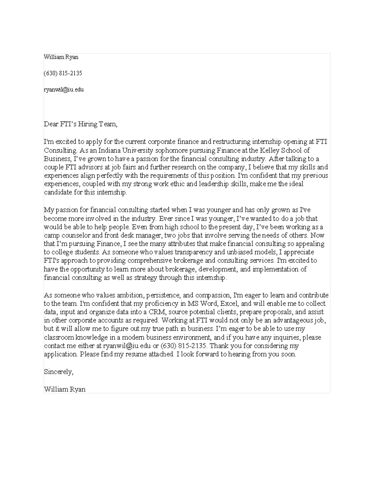 Cover Letter Copy Original - William Ryan (630) 815- ryanwil@iu Dear ...