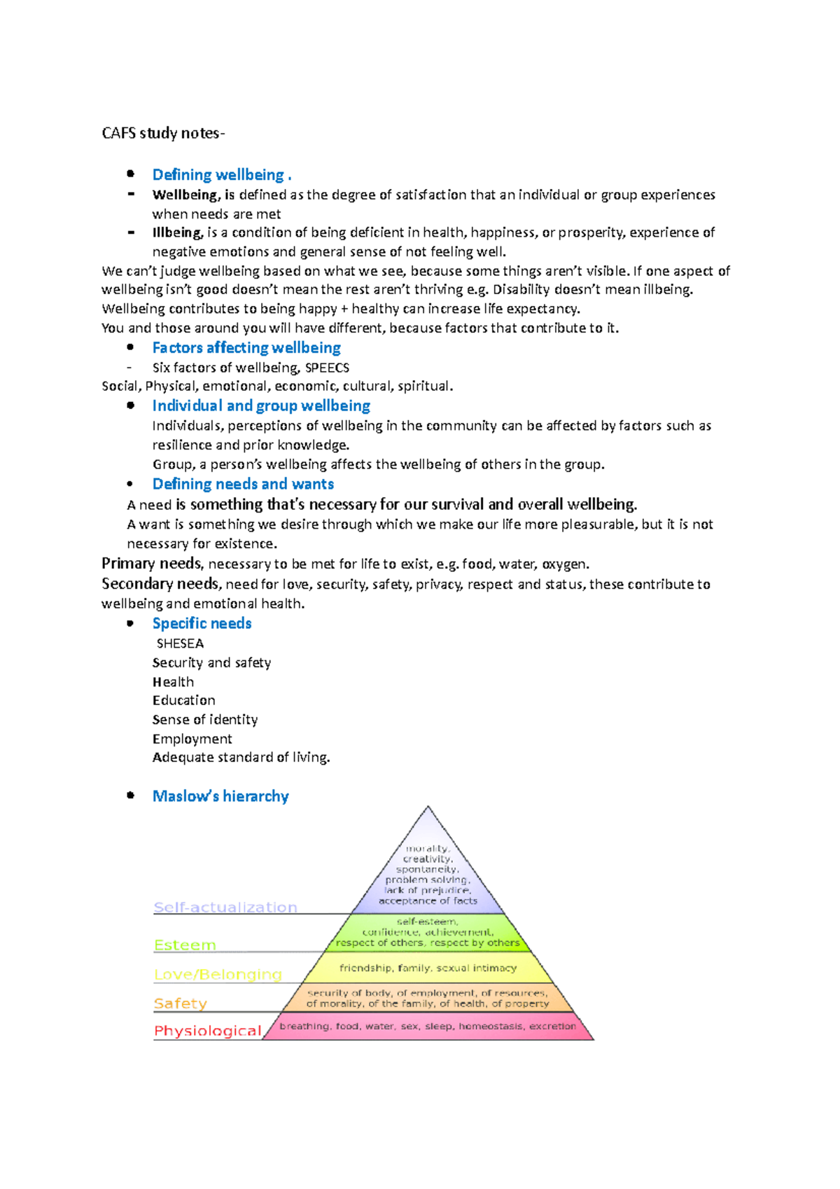 Cafs study notes 2024 - CAFS study notes- Defining wellbeing. Wellbeing ...