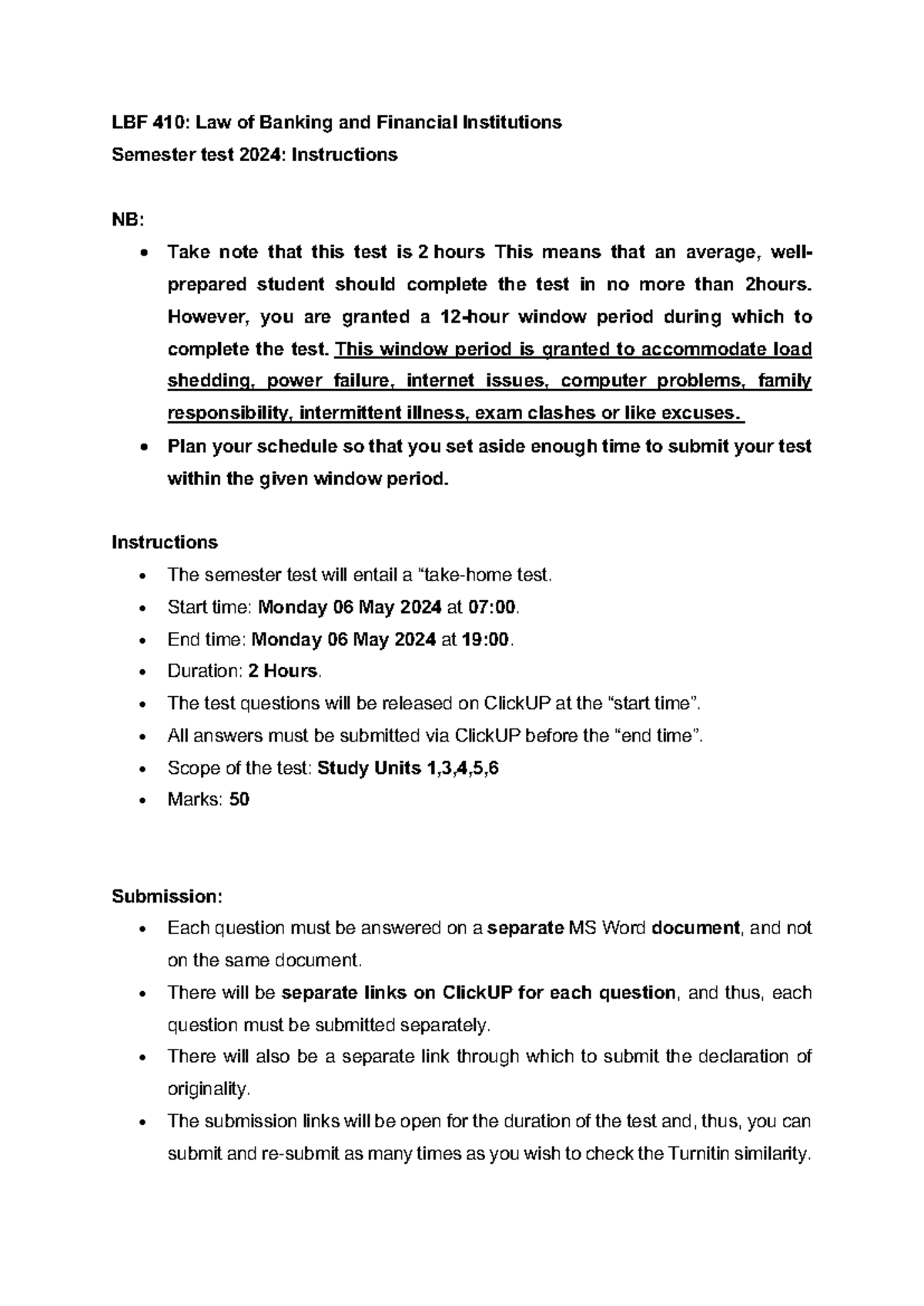 LBF 410 SM Test 2024 Instructions - LBF 410: Law of Banking and ...