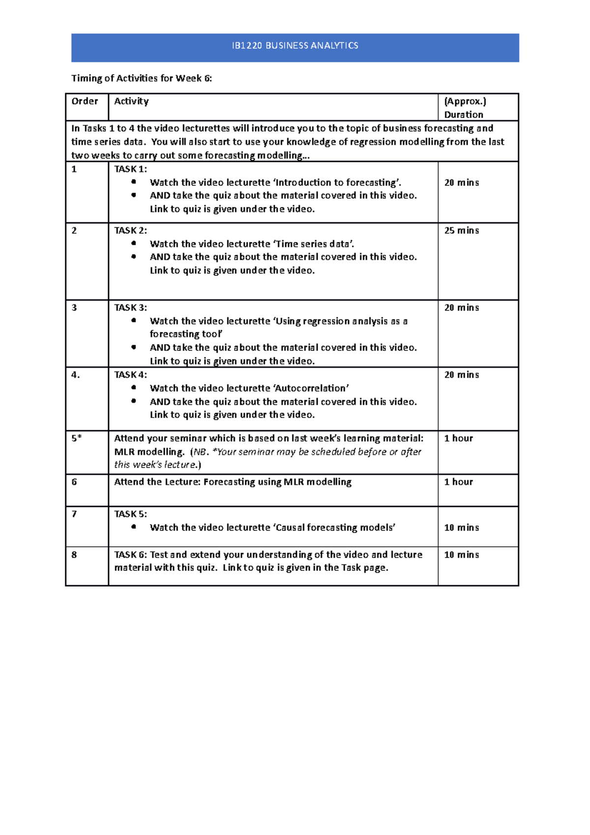 Timing of Activities 5 timetable. Great for revision - IB1220 - Warwick ...