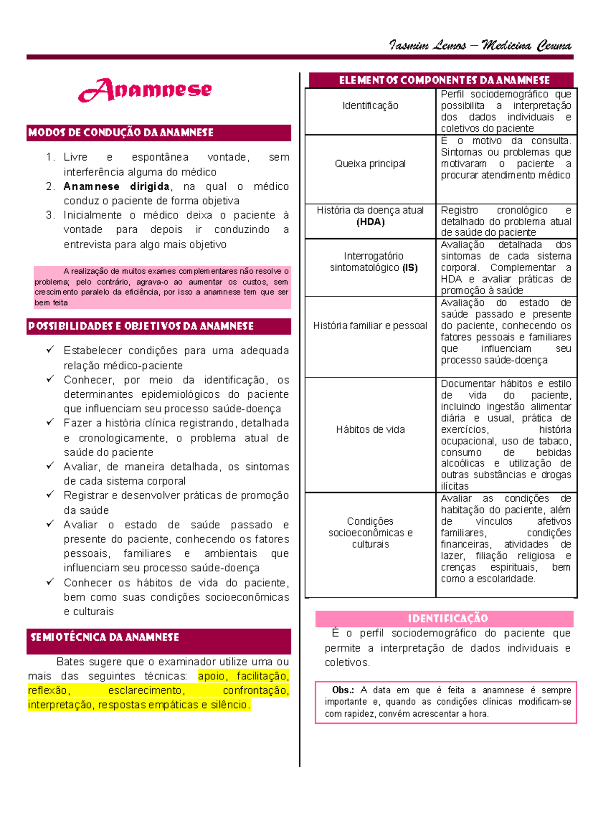 Anamnese Completa - Anamnese Modos de condução da anamnese Livre e ...