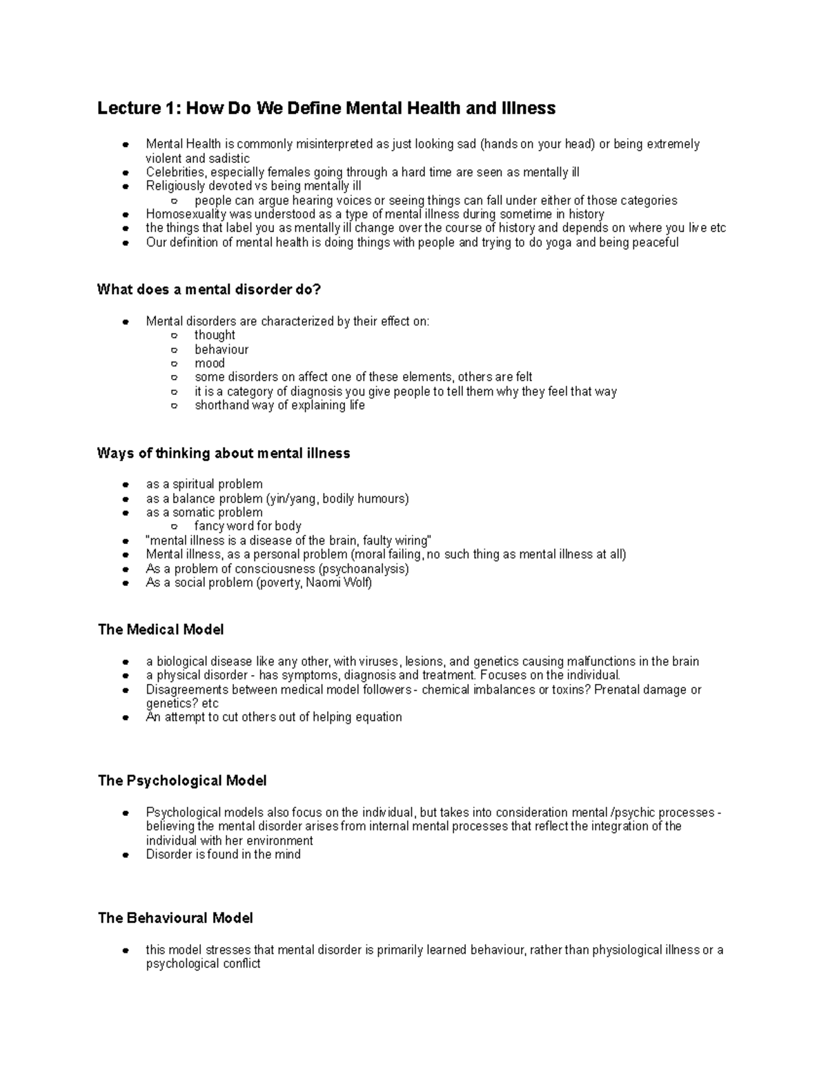 Notes - Lecture 1: How Do We Define Mental Health and Illness Mental ...