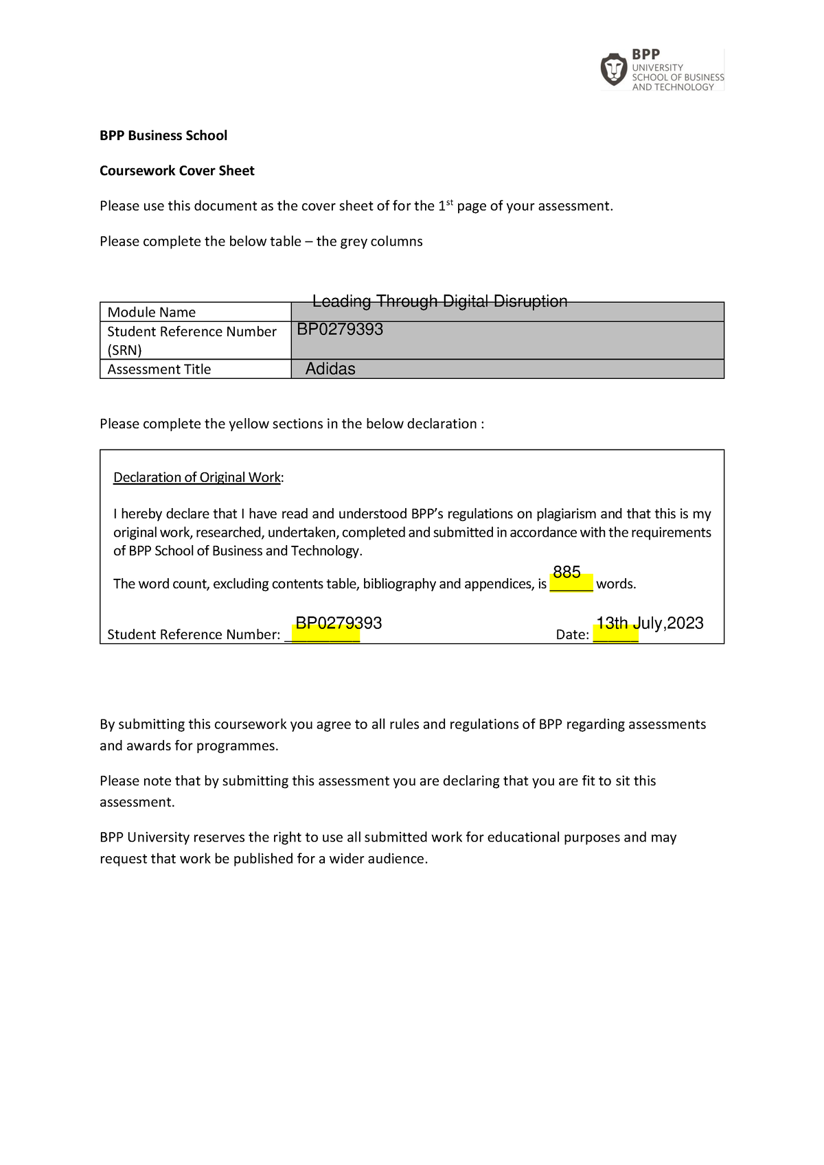 LTDD Formative CW2 - assignment - BPP Business School Coursework Cover ...