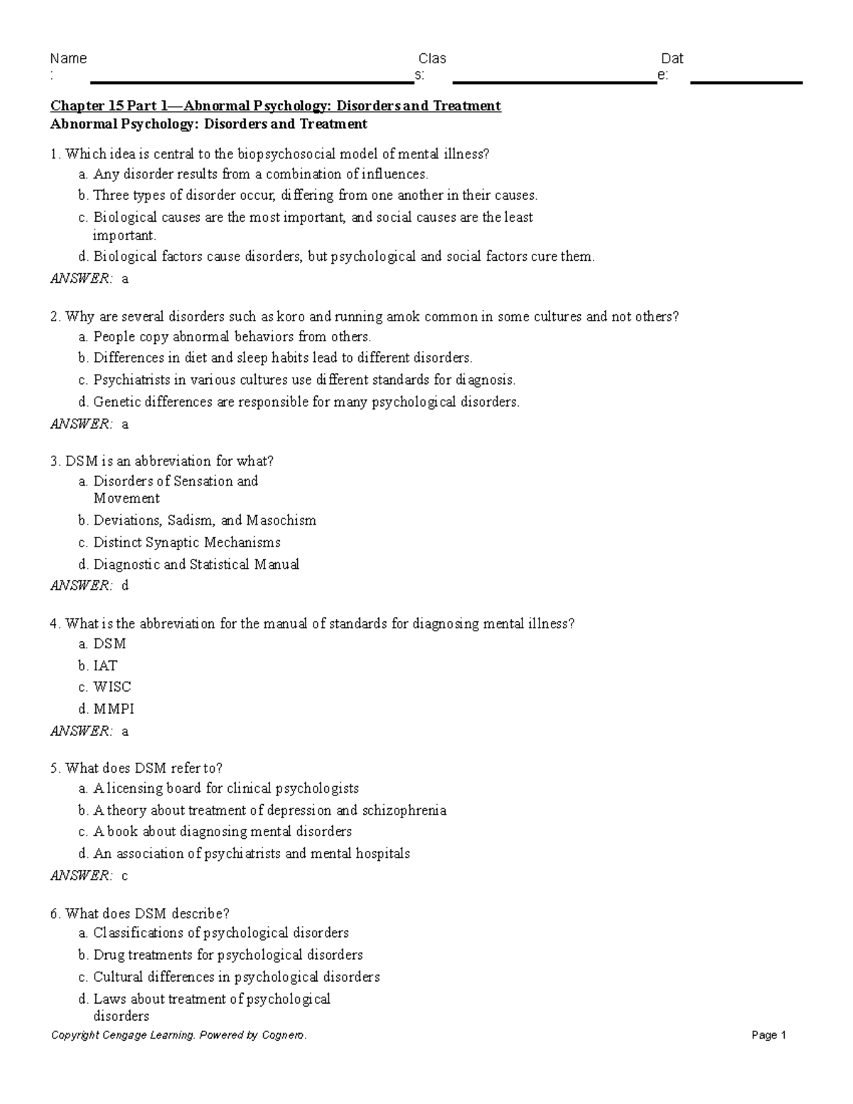 Psychology Disorders and Treatment Quiz Studocu