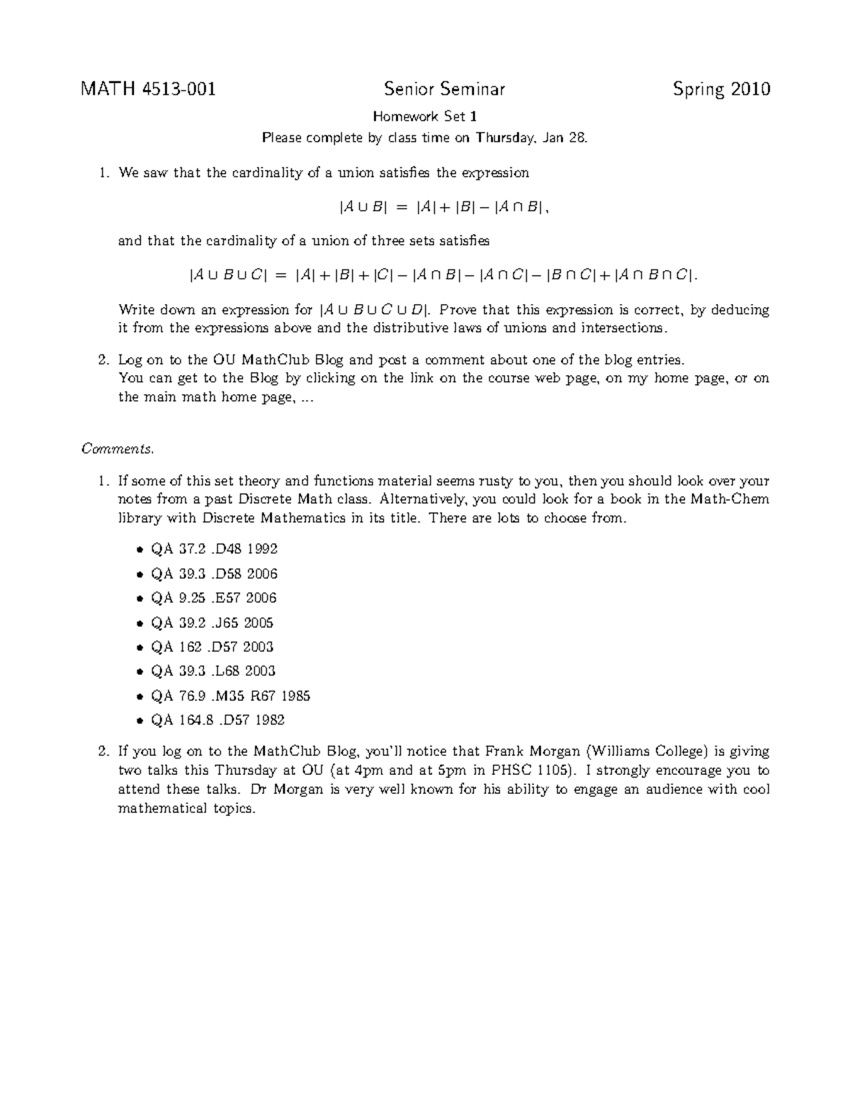 Math 4513 2010 homework 1 - MATH Senior Seminar Spring 2010 Homework ...