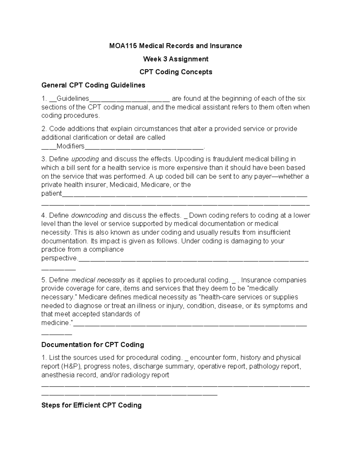 MOA115 Week 3 Assignment - MOA115 Medical Records And Insurance Week 3 ...