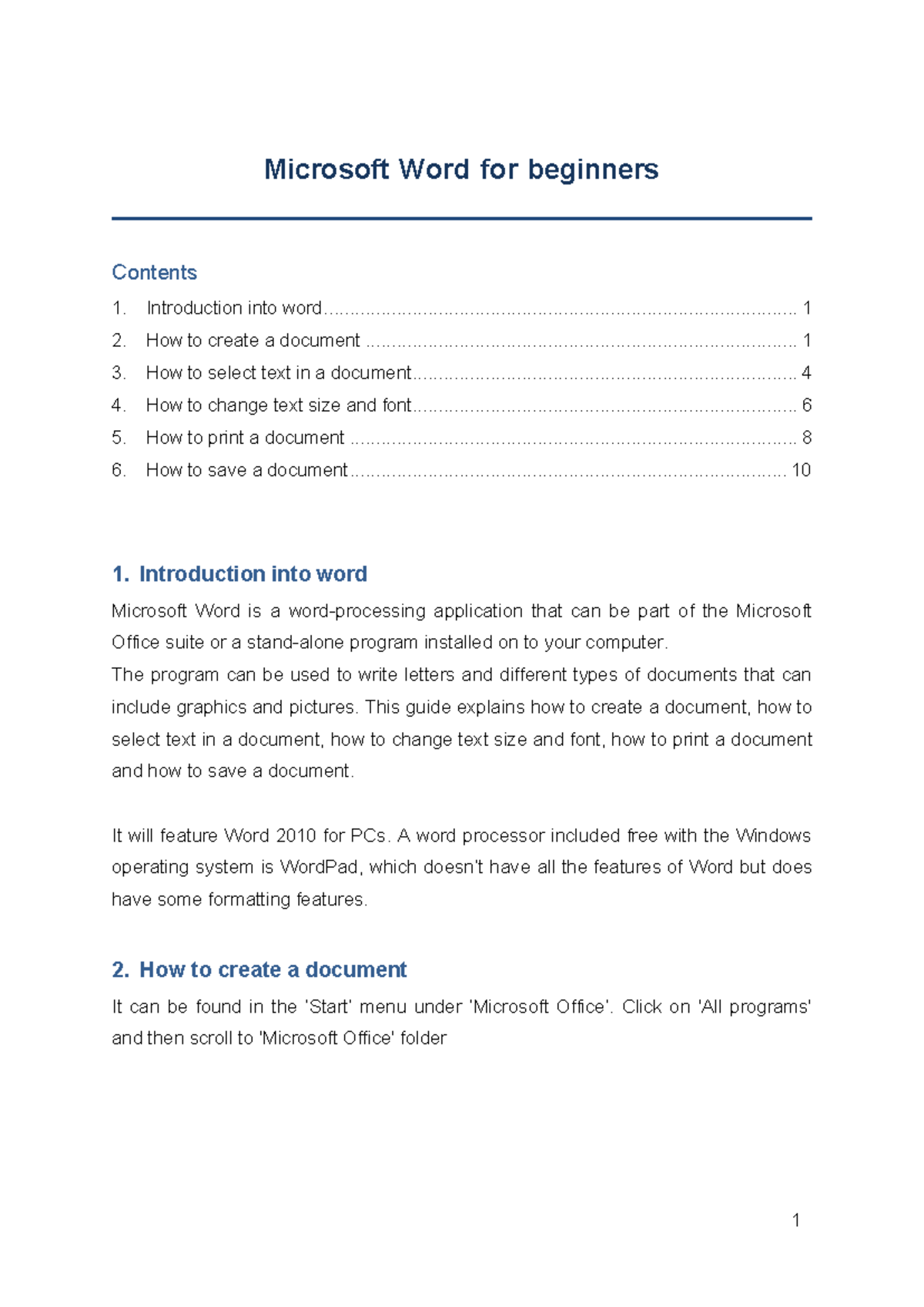 Microsoft Word for beginners - Microsoft Word for beginners Contents ...