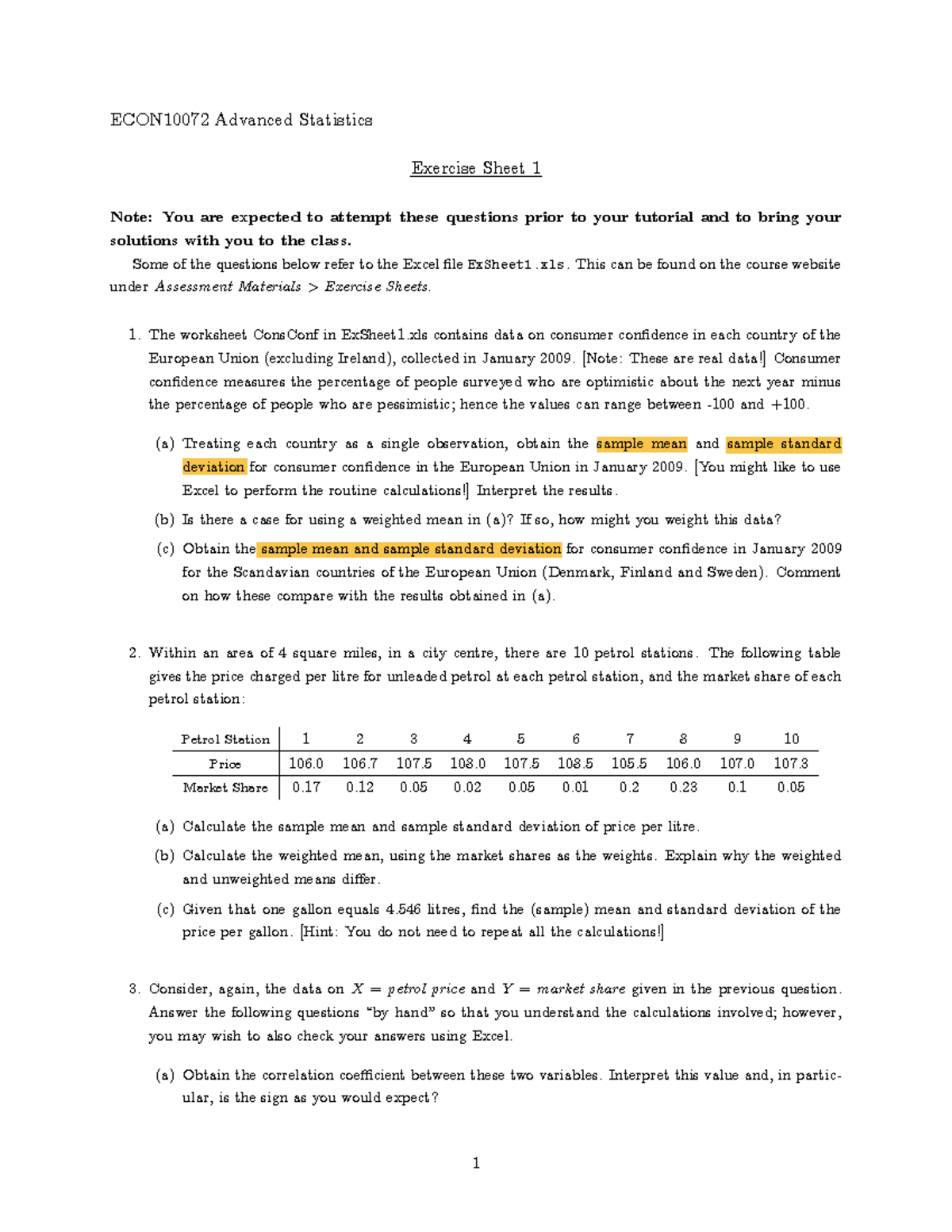Ex Sheet 1 - Class 1 - ECON10072 Advanced Statistics Exercise Sheet 1 ...