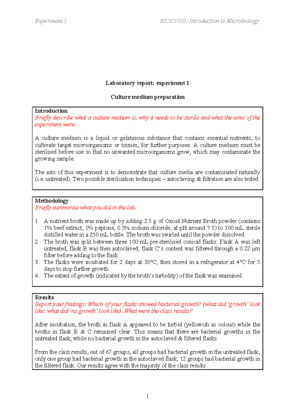 Practical Lab reports 18 Experiment 1 BIOC1010 Introduction to