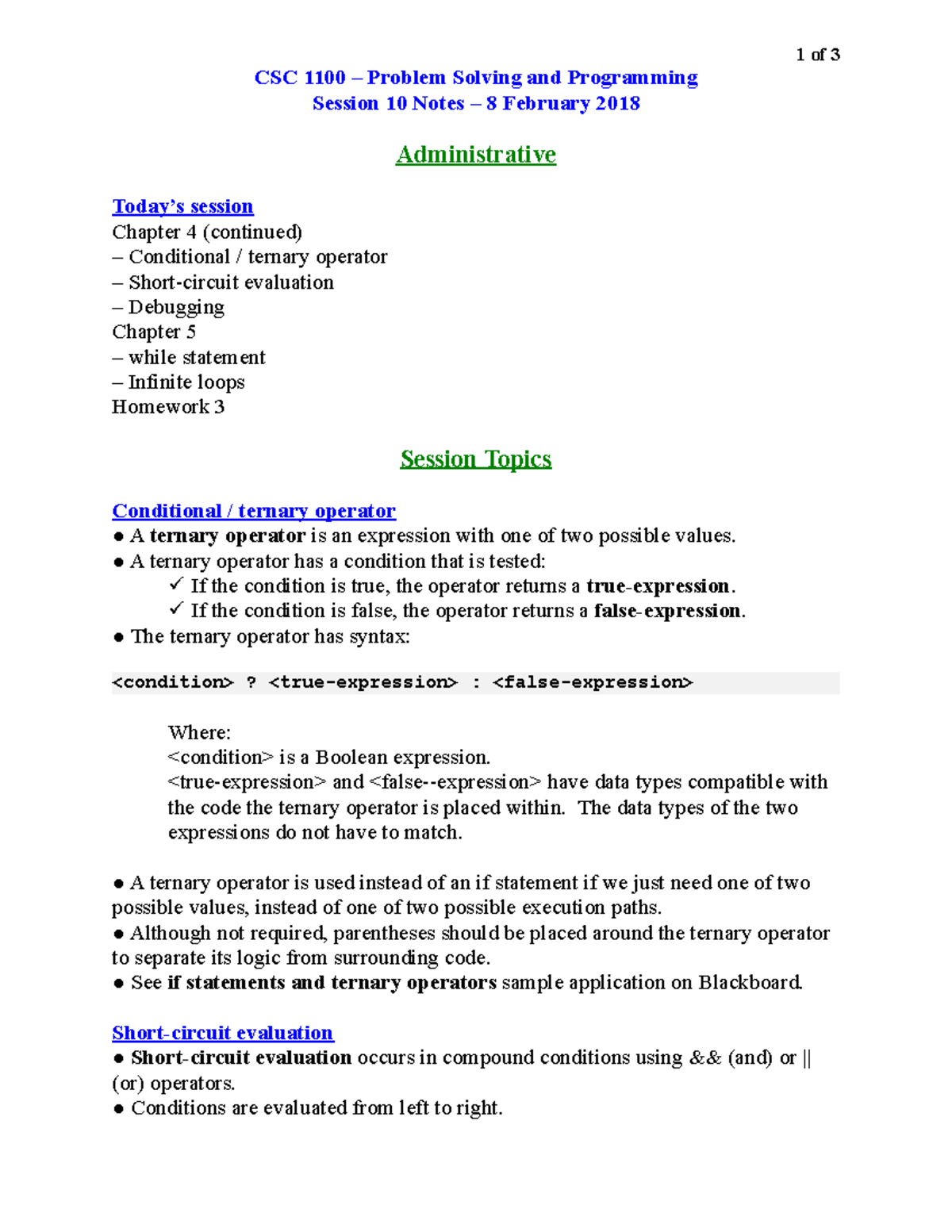 CSC1100 Dan O Session 10Notes 2018 0208 - 1 of 3 CSC 1100 – Problem ...