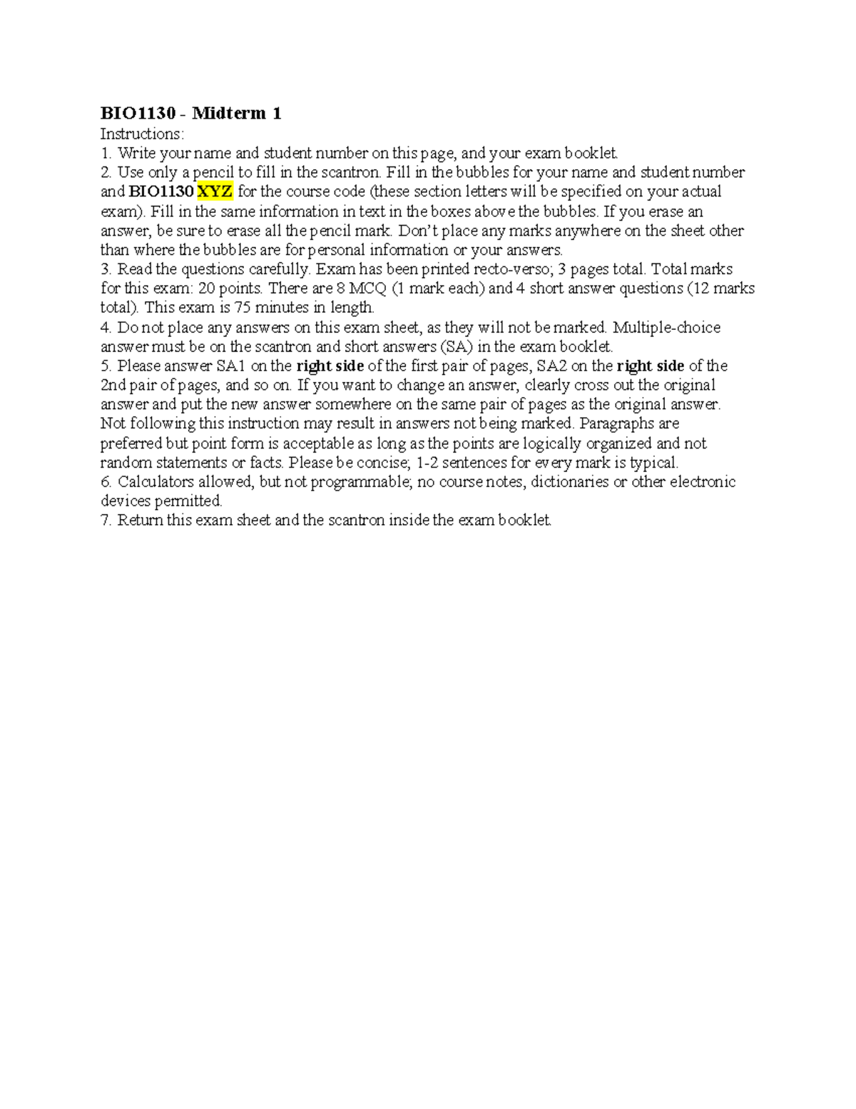 Midterm instructions for students - BIO1130 - Midterm 1 Instructions ...