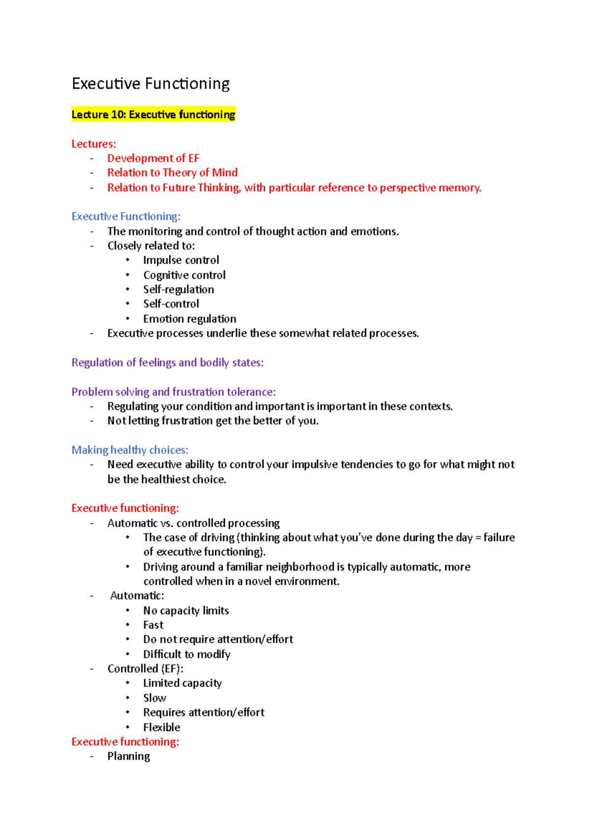 Executive Functioning - Executive Functioning Lecture 10: Executive ...
