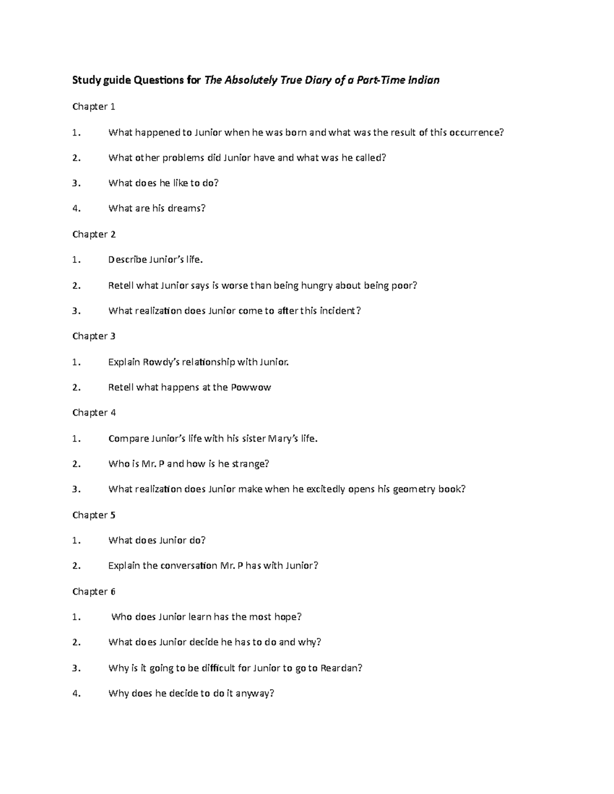 11 Diary study guide nothing Study guide Questions for The Absolutely True Diary of a Part