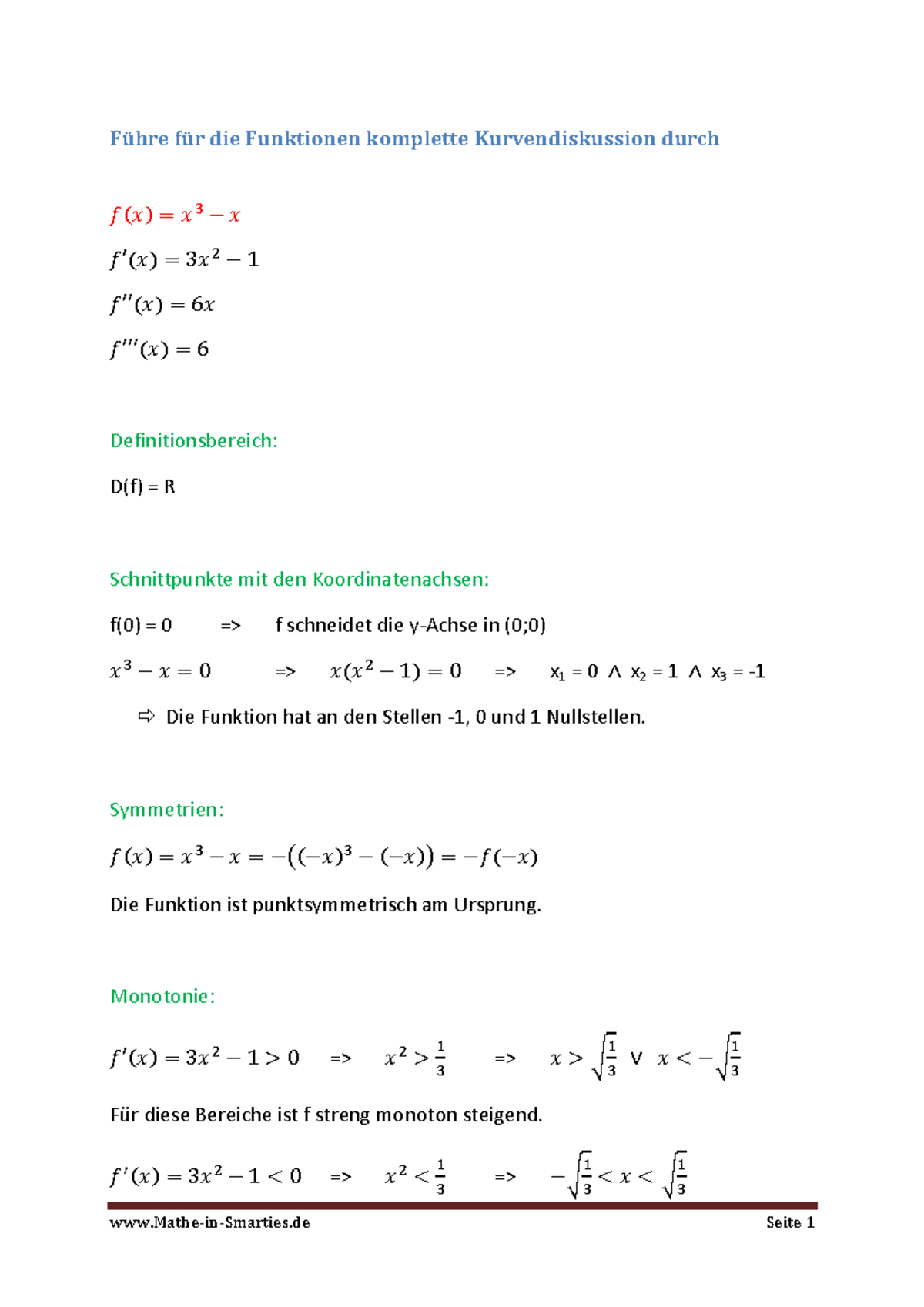 Aufgaben-Kurvendiskussion-Lösungen - Führe Für Die Funktionen Komplette ...